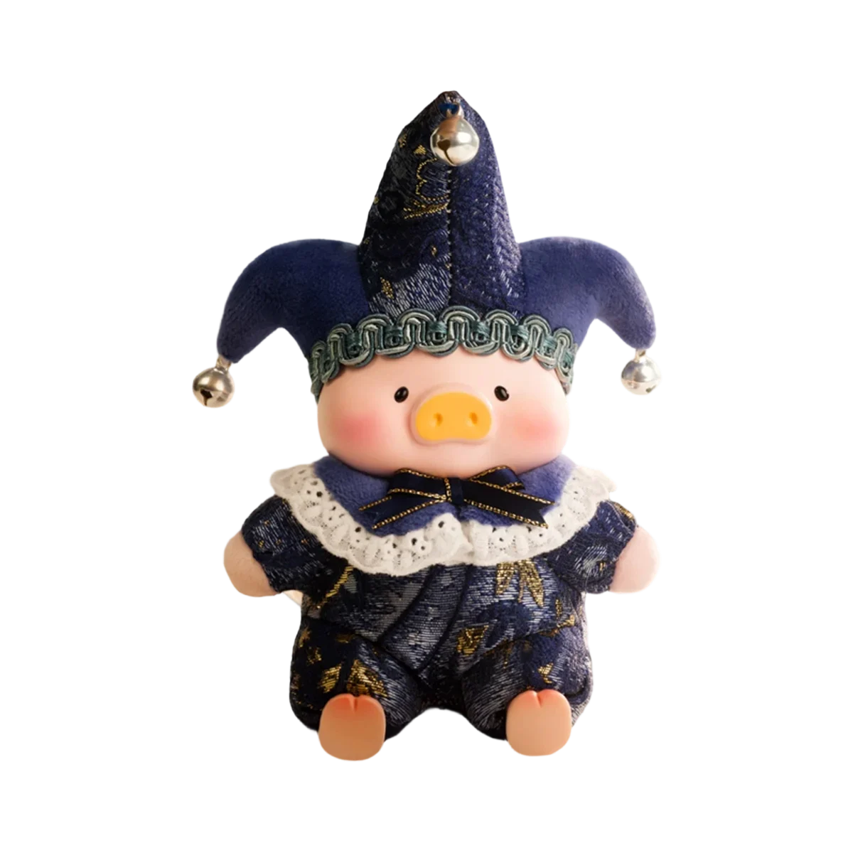 Companion Angel piggy in navy jester outfit with white ruffled collar, Lulu The Piggy Triangel