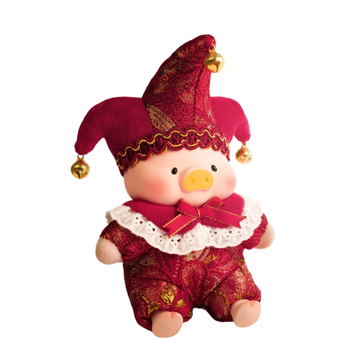 Passion Angel piggy seated in a crimson-gold jester suit with bell hat, Lulu The Piggy Triangel