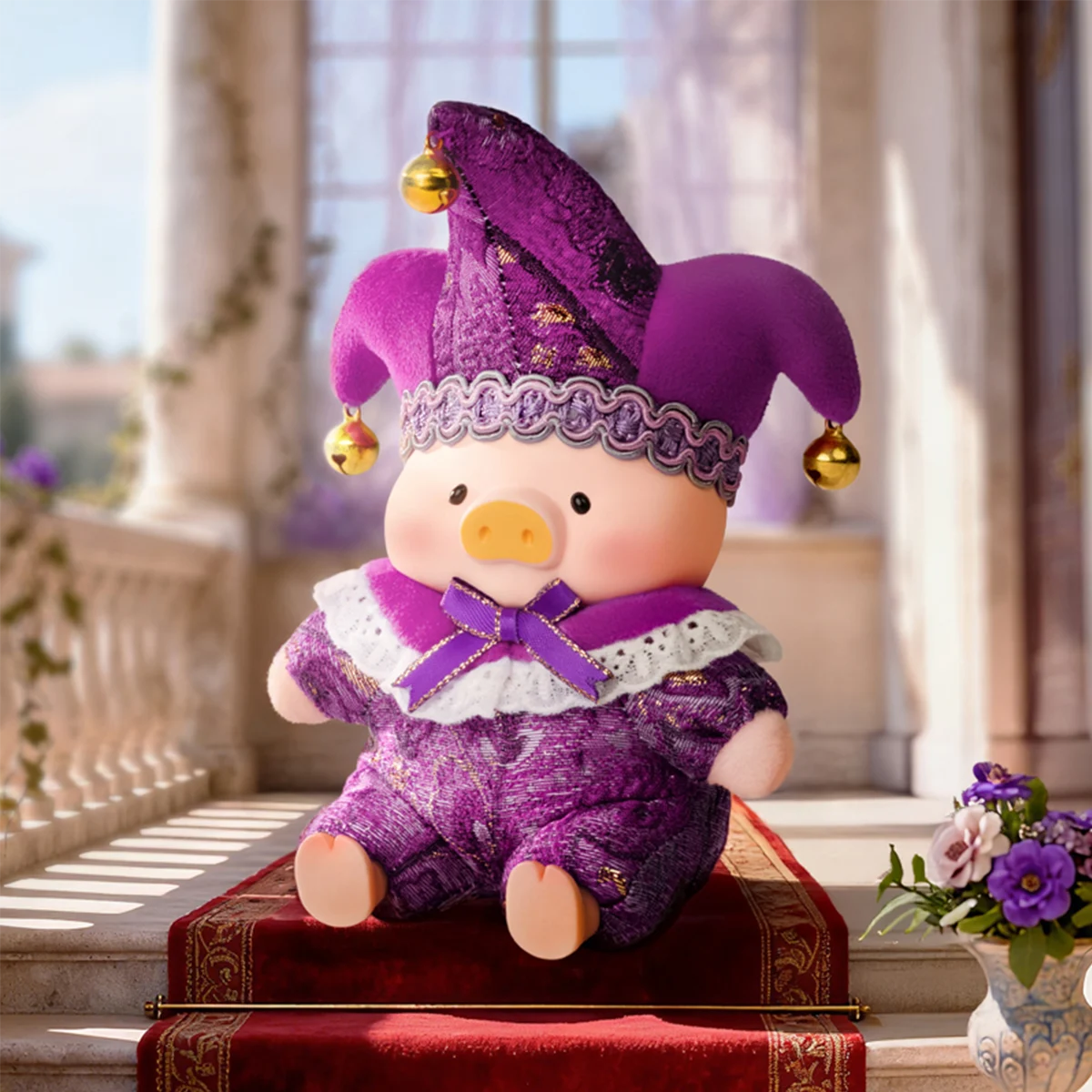 Waiting Angel piggy in purple jester hat and outfit with gold bells, Lulu The Piggy Triangel