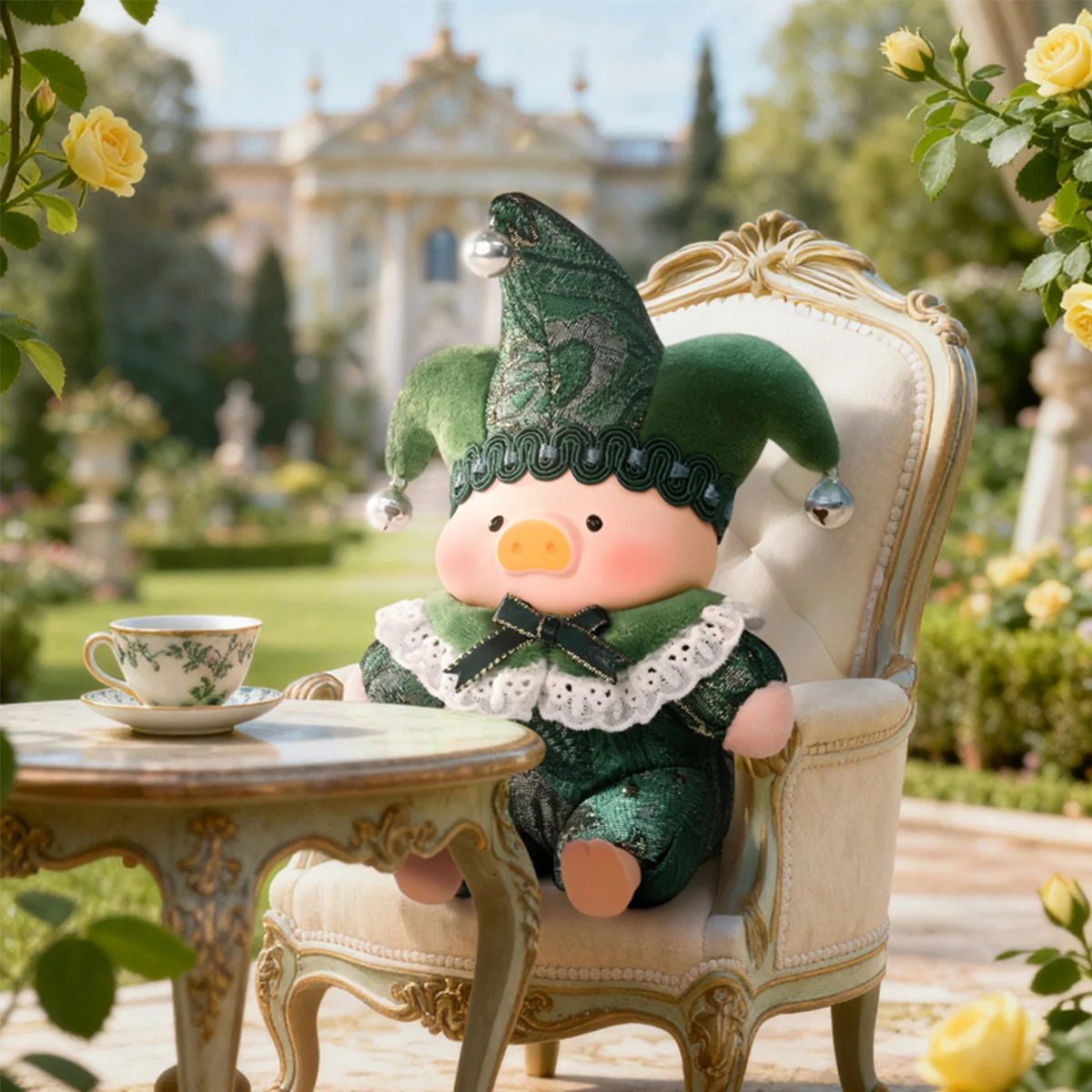 Acceptance Angel piggy in green jester outfit seated in a sunlit garden, Lulu The Piggy Triangel