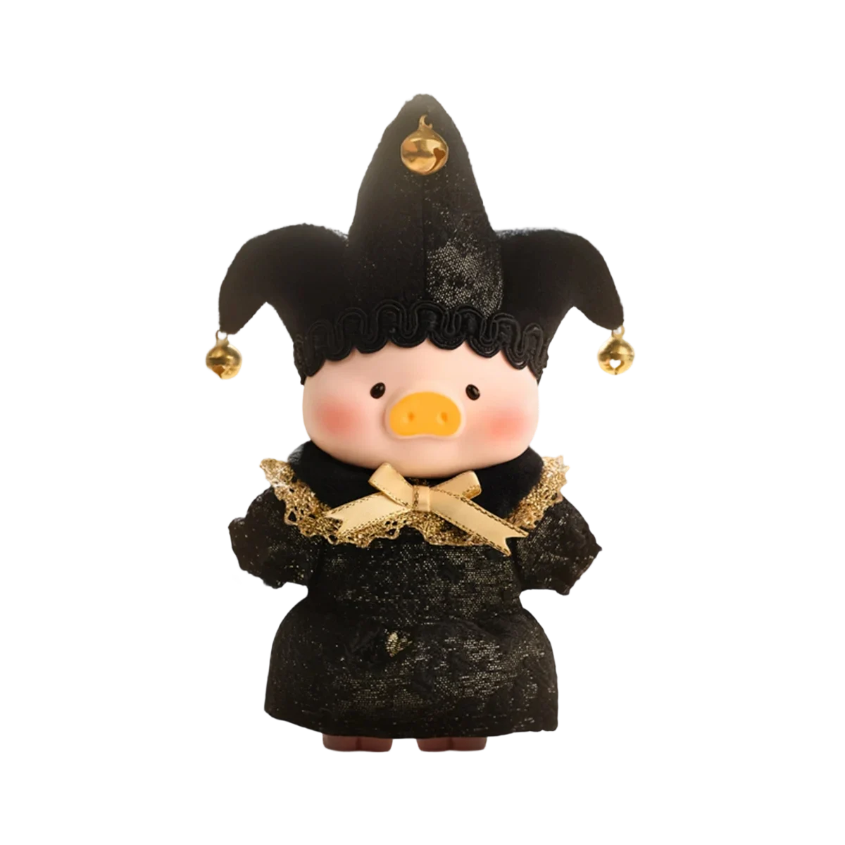Infatuation Angel piggy in black jester hat and gold-trimmed palace robe, Lulu The Piggy Triangel by 52TOYS