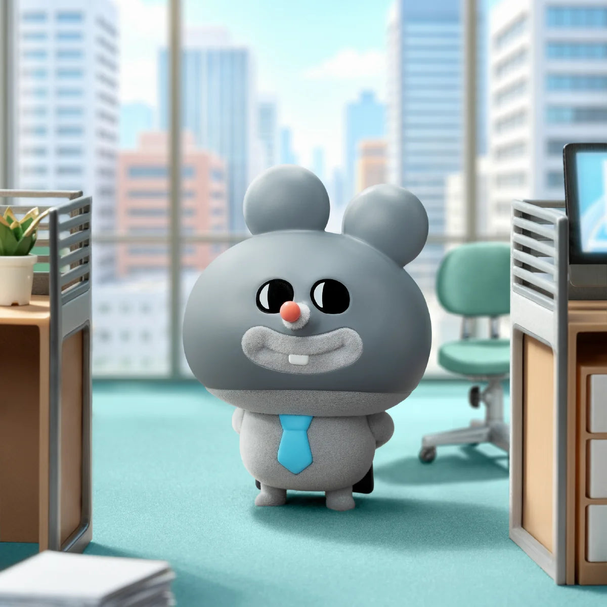 Secret suited Meiji corporate mouse wearing a blue necktie in an office doorway