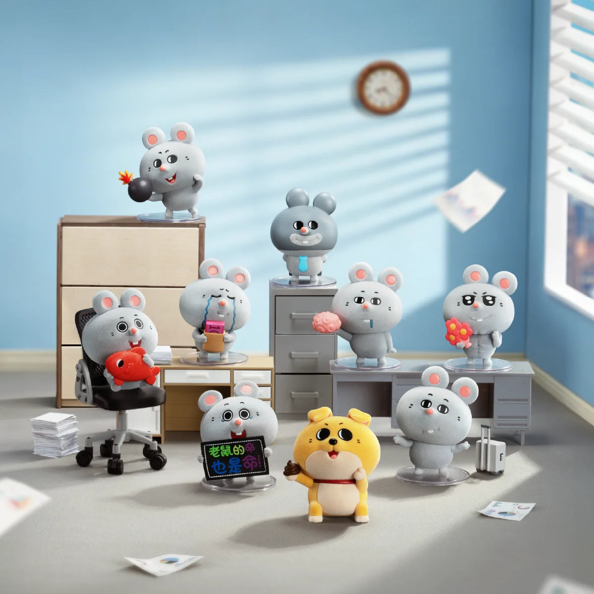 Ten Meiji and Dashu office figures arranged around desks and filing cabinets