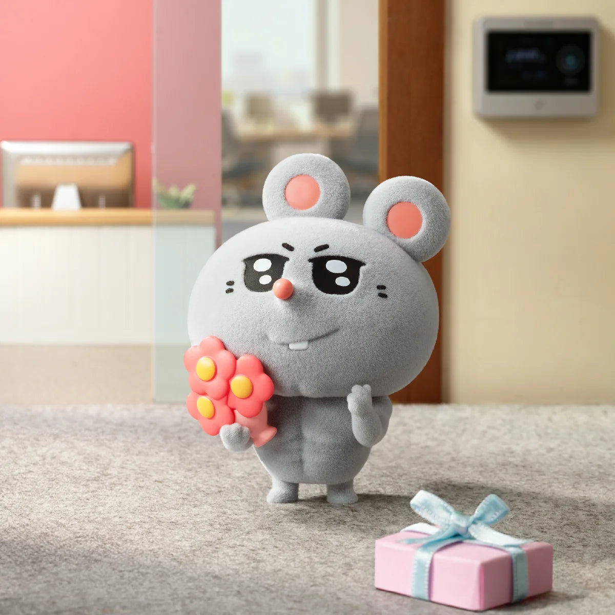 Meiji corporate mouse presenting flowers beside a small gift box in an office lobby