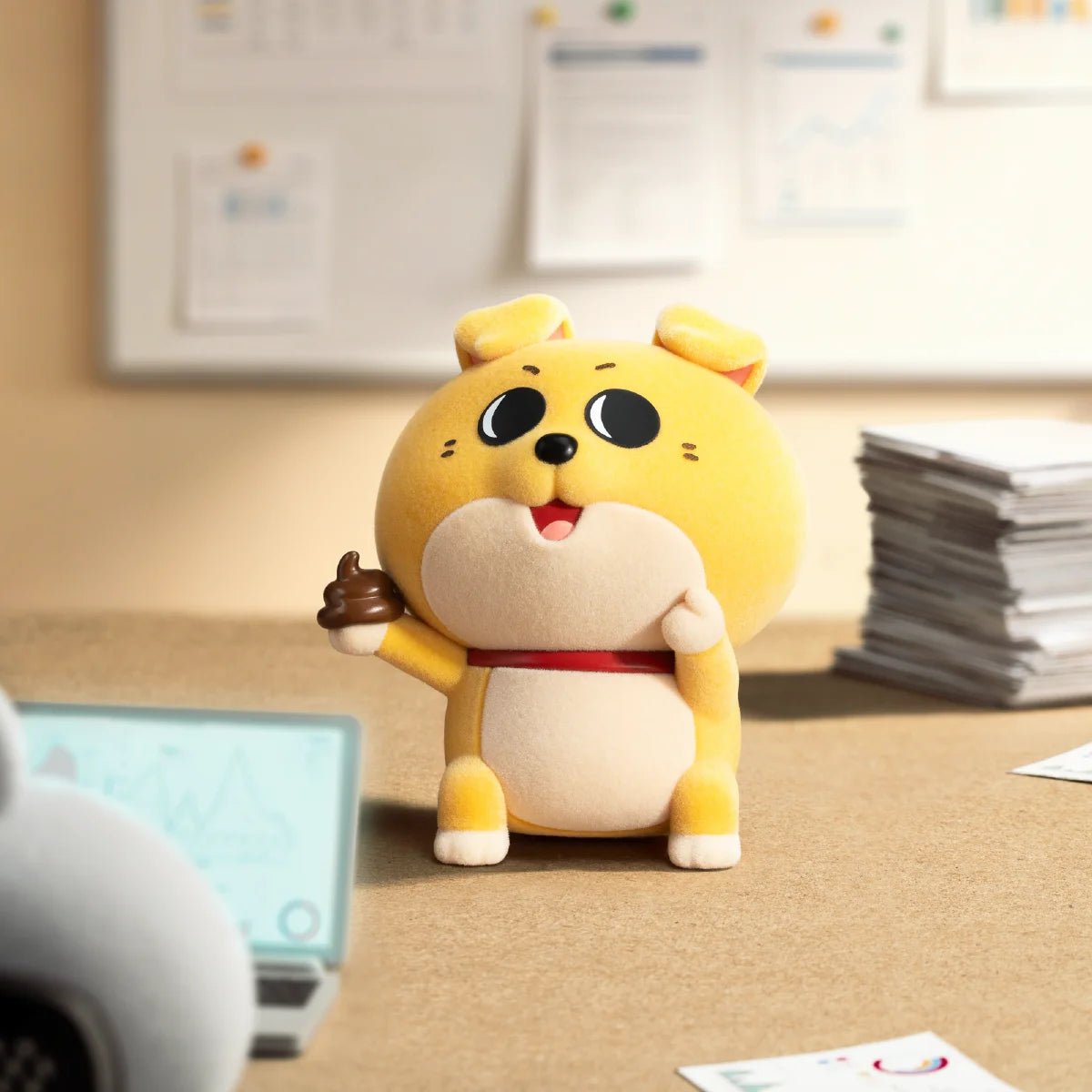 Dashu yellow office character holding a small brown item beside stacked paperwork
