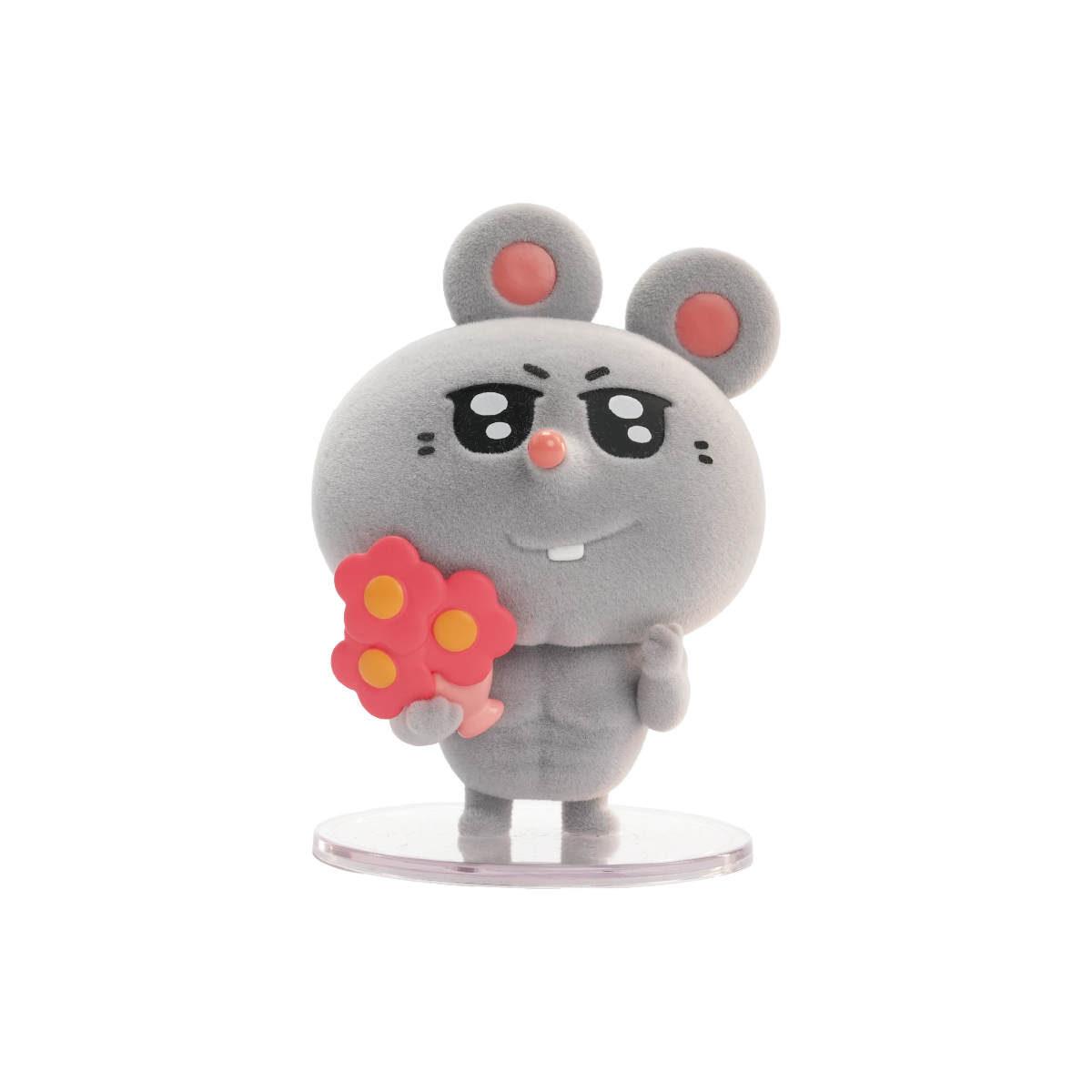 Meiji corporate mouse figure holding a bouquet of red and pink flowers