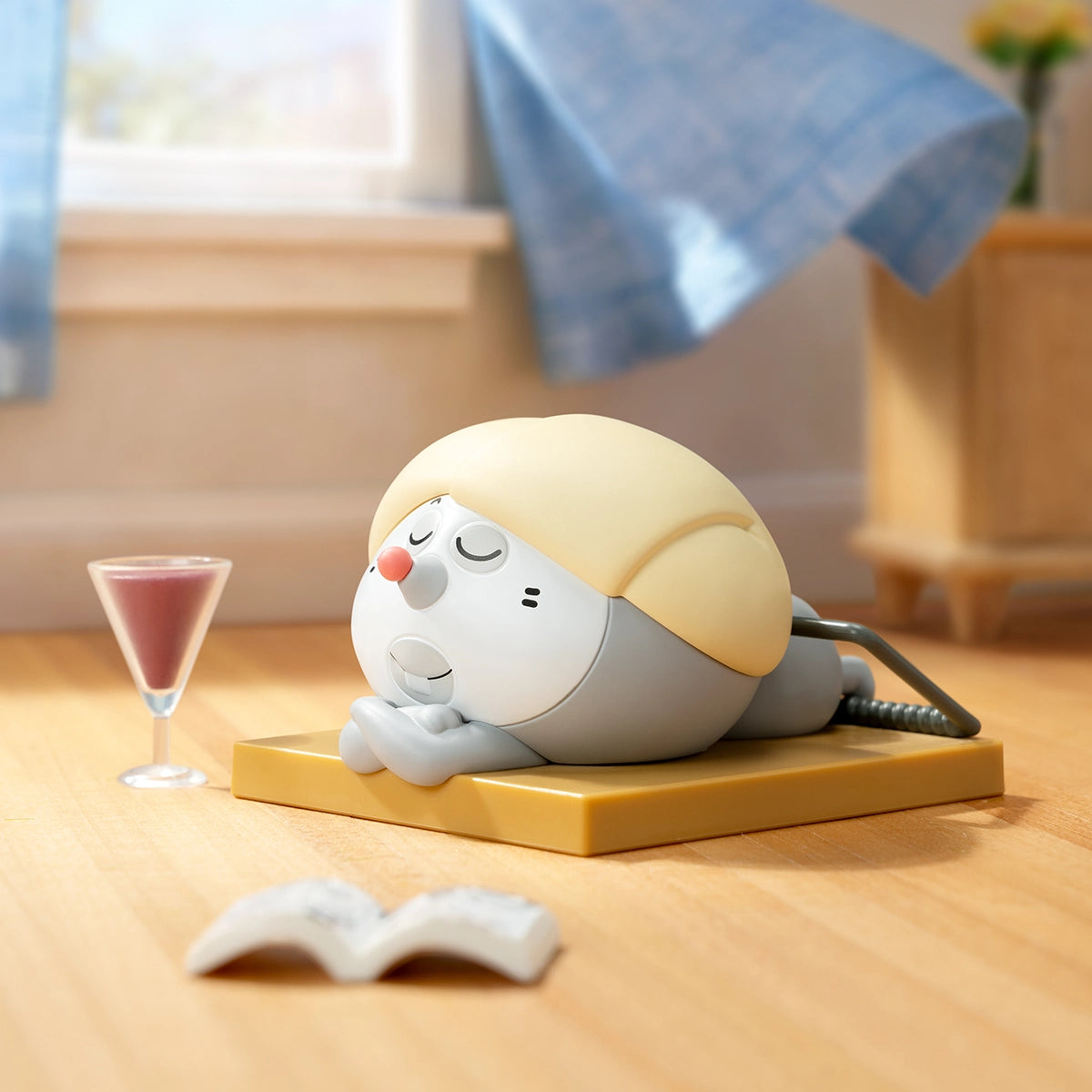 Enjoy Life chubby figure lounging on a tan recliner with a pink cocktail, Meiji and Dashu Blessed Mental State