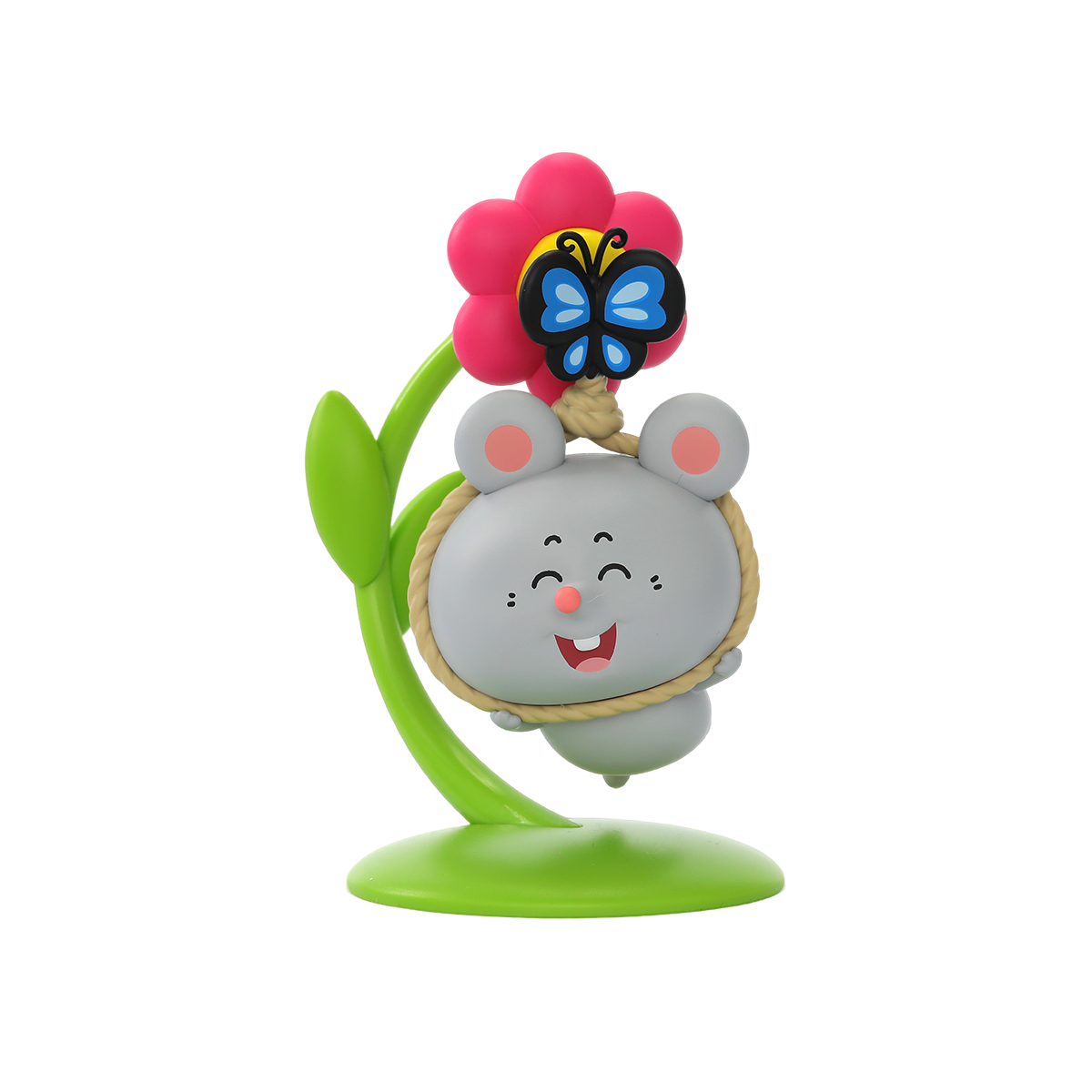 Swing Swing grey mouse grinning in a rope swing under a pink flower, secret Meiji and Dashu Blessed Mental State