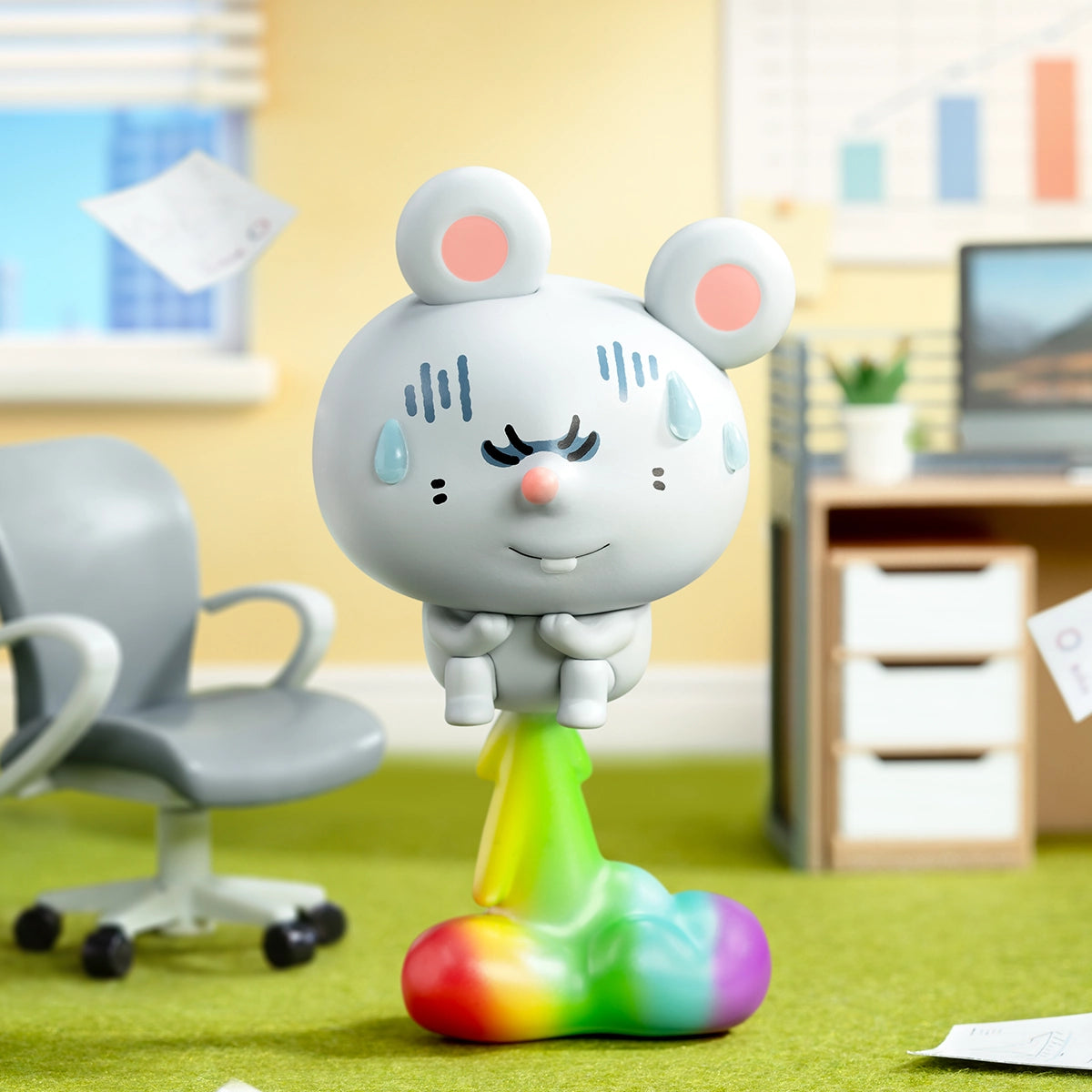 Grey mouse sweating, propelled by a rainbow blast in an office, Meiji and Dashu Blessed Mental State