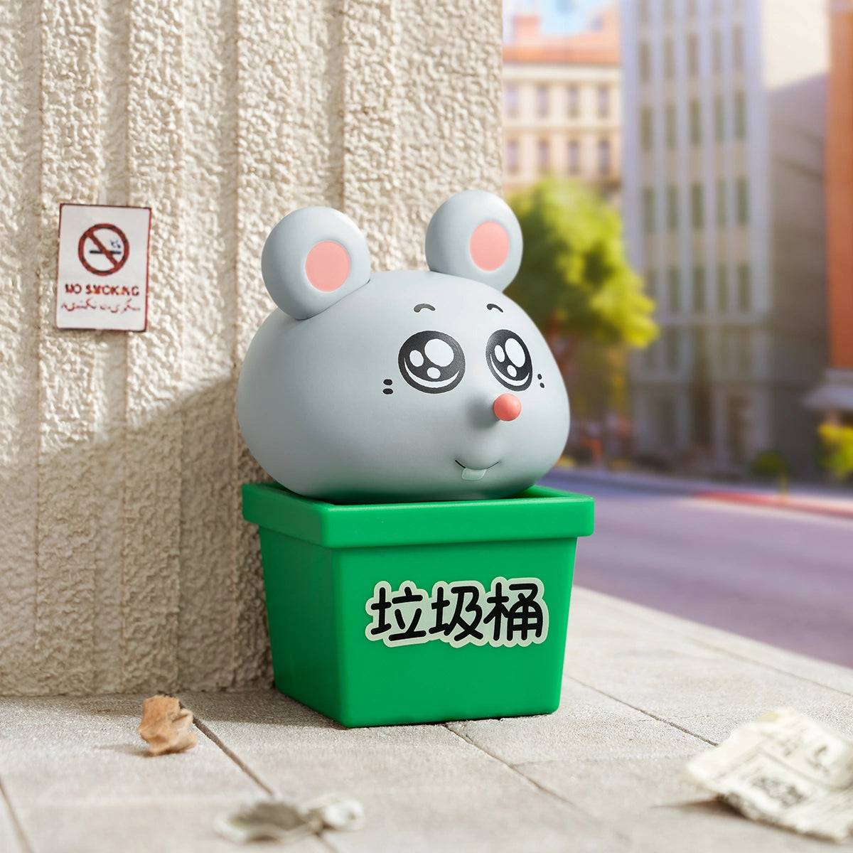 Pitiful grey mouse peeking from a green trash bin, content smile, Meiji and Dashu Blessed Mental State
