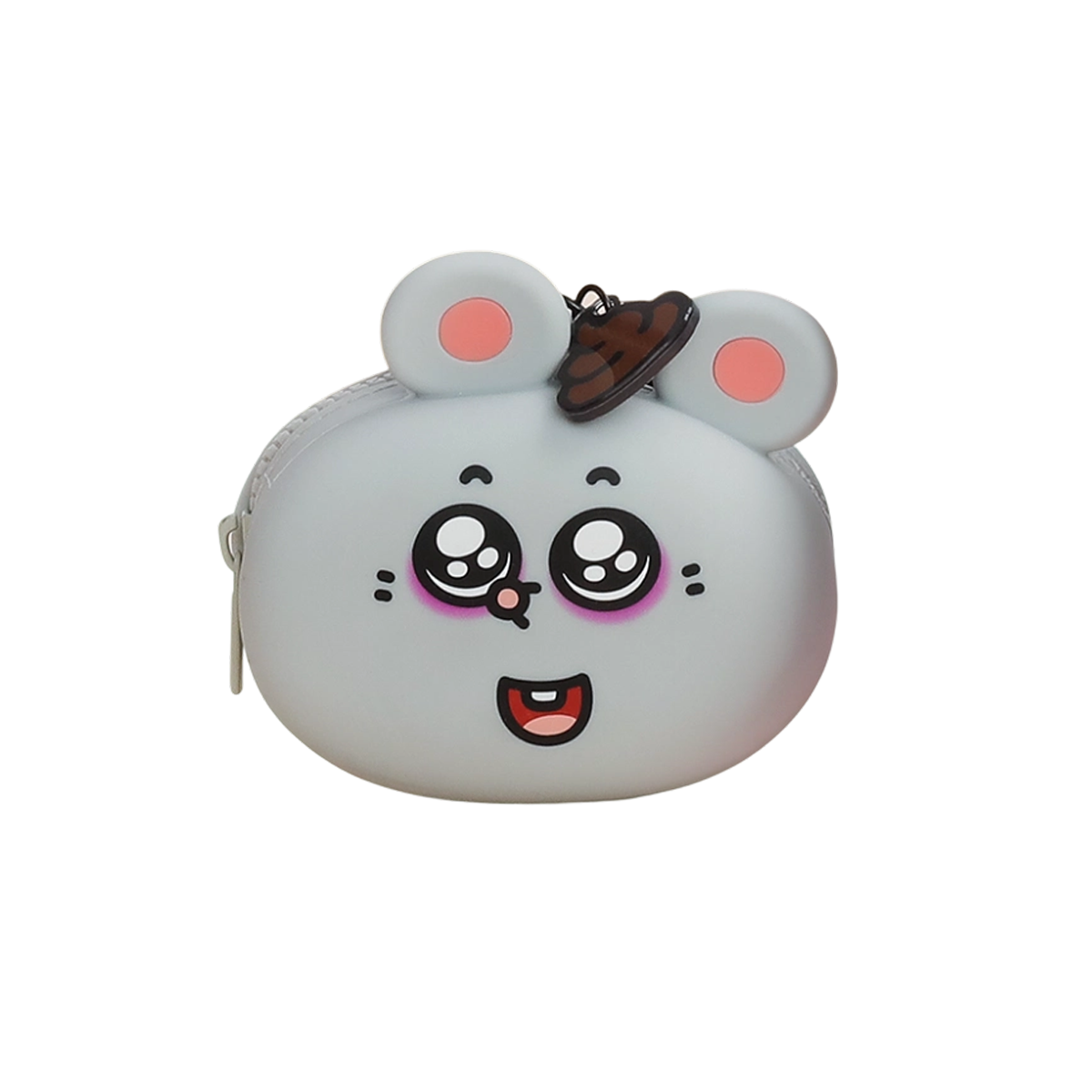 Gray mouse-face silicone zip pouch with big sparkly eyes and open grin, Meiji & Dashu bag charm by 52TOYS