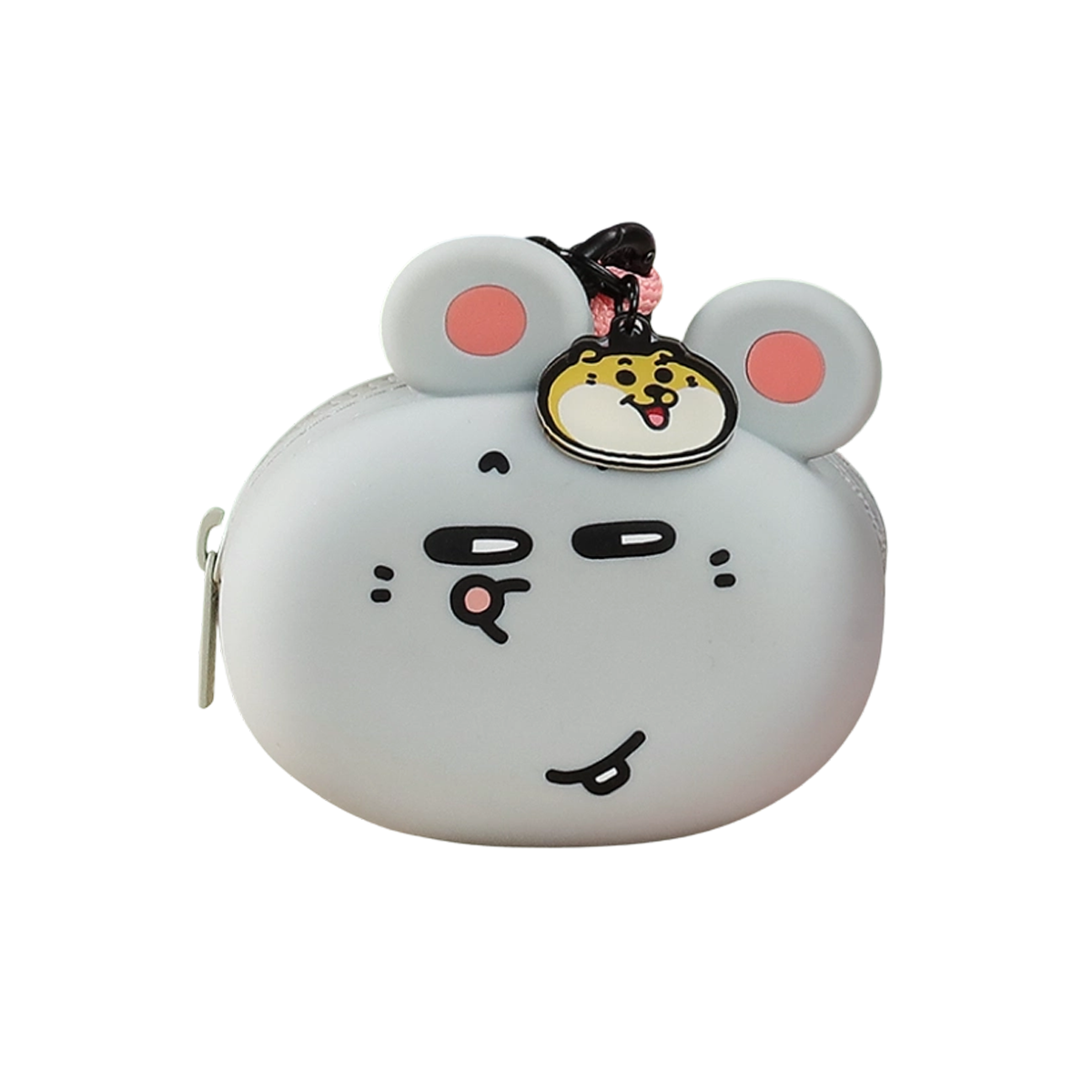 Gray mouse-face silicone pouch with a flat smirk, Meiji & Dashu Kinda Interesting bag charm by 52TOYS