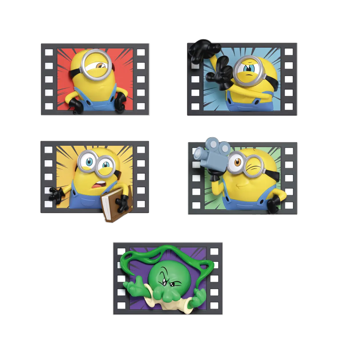 Complete Minions & Monsters Action lineup of five movie-themed fridge magnets