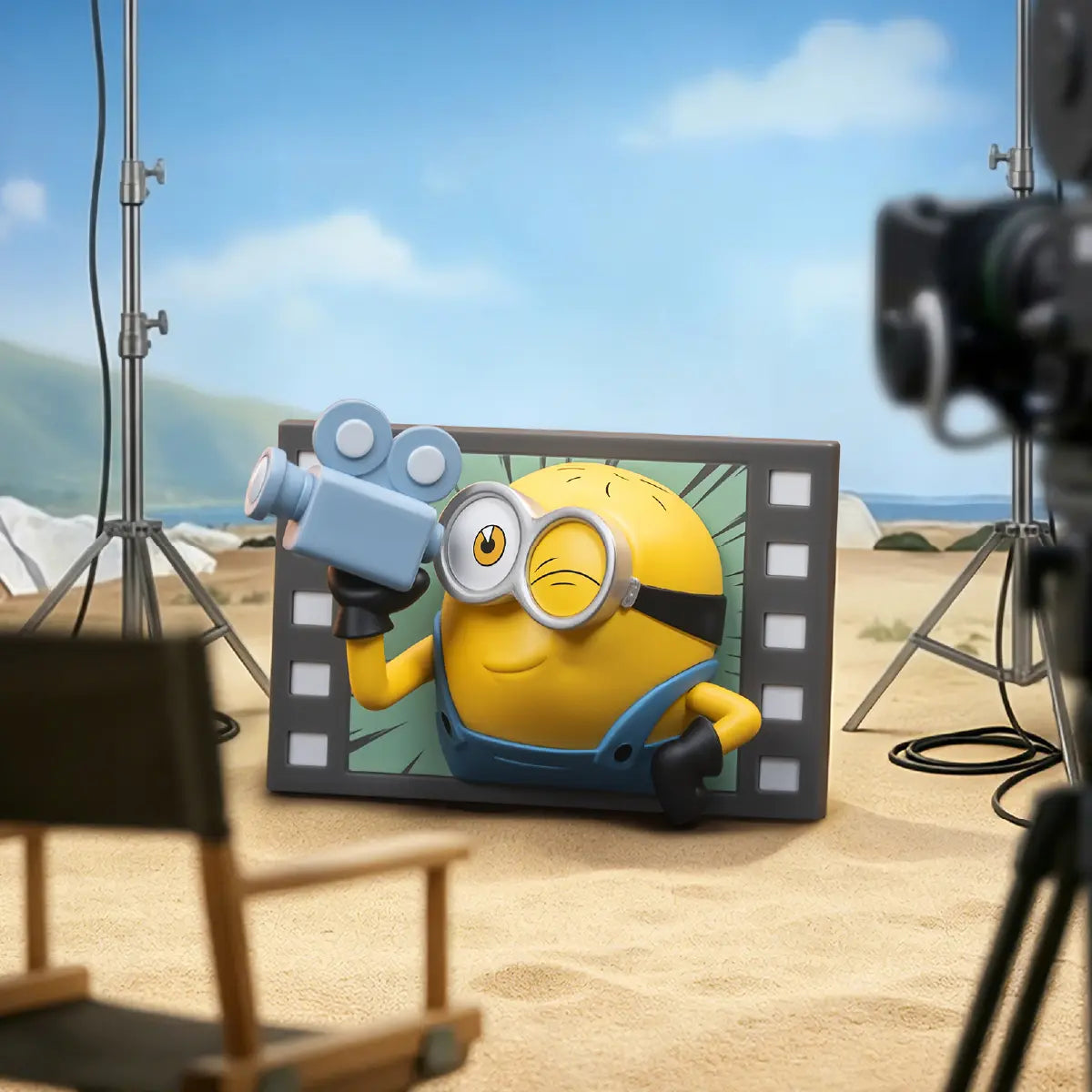 One-eyed Minion holding a movie camera fridge magnet on a miniature film set