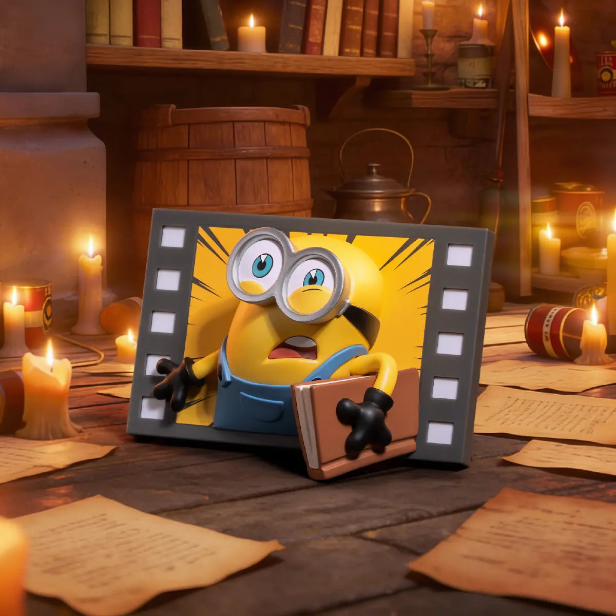 Two-eyed Minion holding a clapperboard fridge magnet in a candlelit study scene