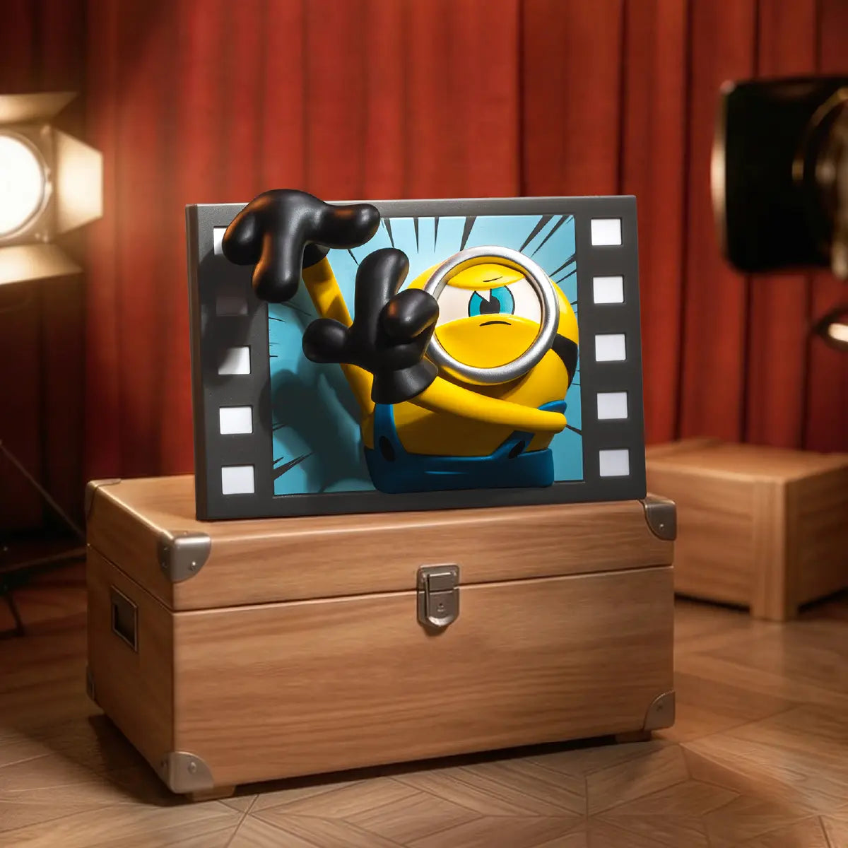 One-eyed Minion fridge magnet with oversized black gloved hands reaching through a frame