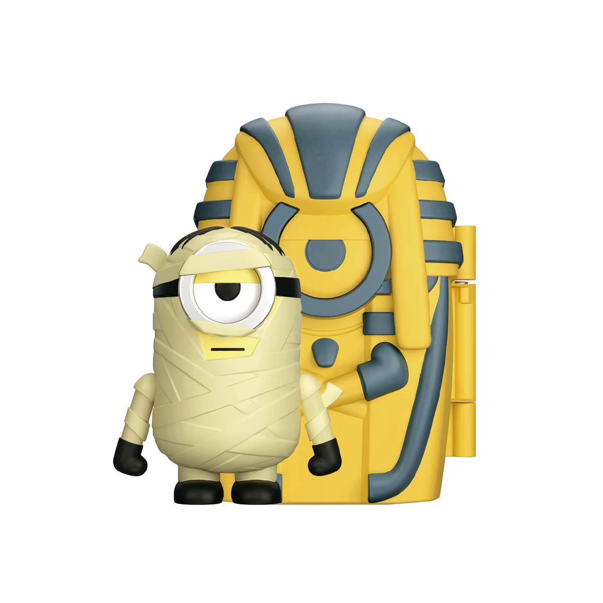 The Mummy Stuart, a bandaged one-eyed Minion standing beside its yellow pharaoh sarcophagus, Minion Monsters