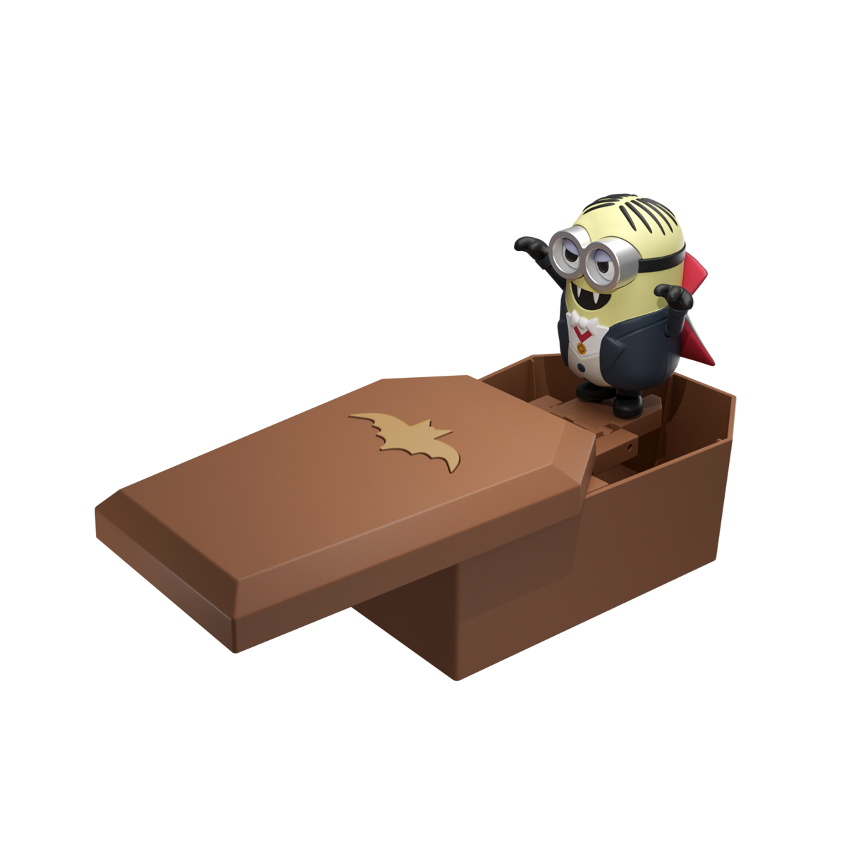 Secret Dave'Acula vampire Minion in cape and medallion rising from a bat-marked coffin box, Minion Monsters