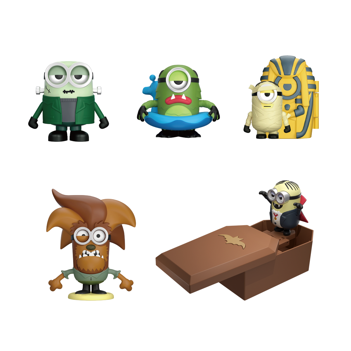 Full set of five Minion Monsters wind-up figures including mummy, vampire and lake creature, blind box