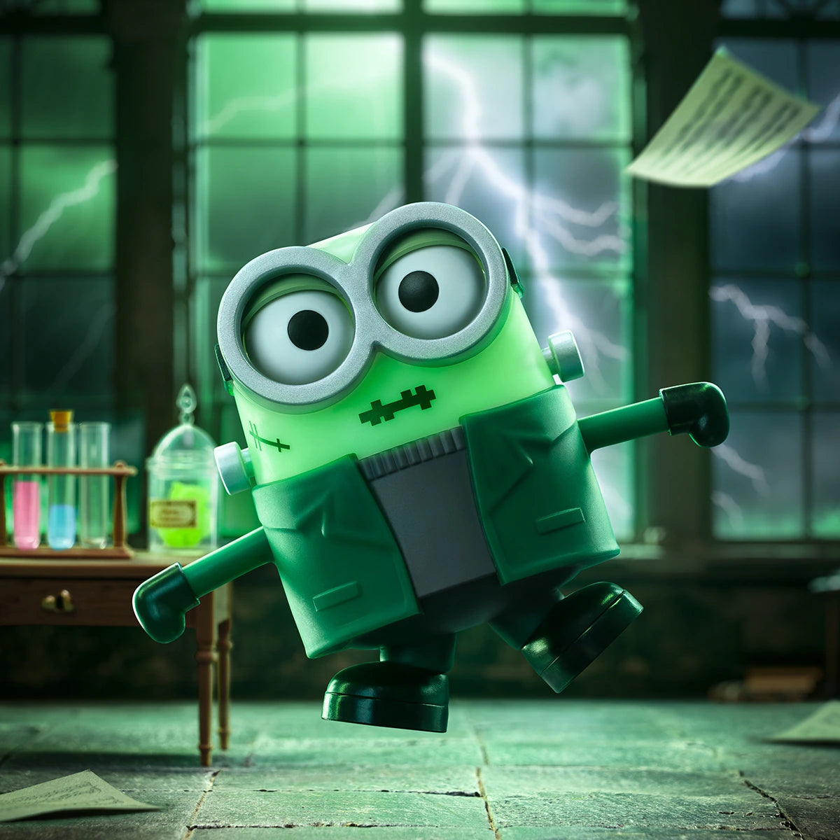 Frankenbob the green Frankenstein Minion lurching in a stormy lab, glow-in-the-dark Minion Monsters