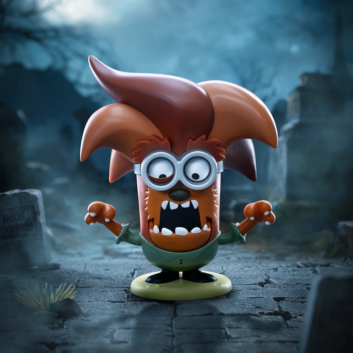 The Evil Wolf Minion, a shaggy brown werewolf Minion baring fangs in a graveyard, Minion Monsters
