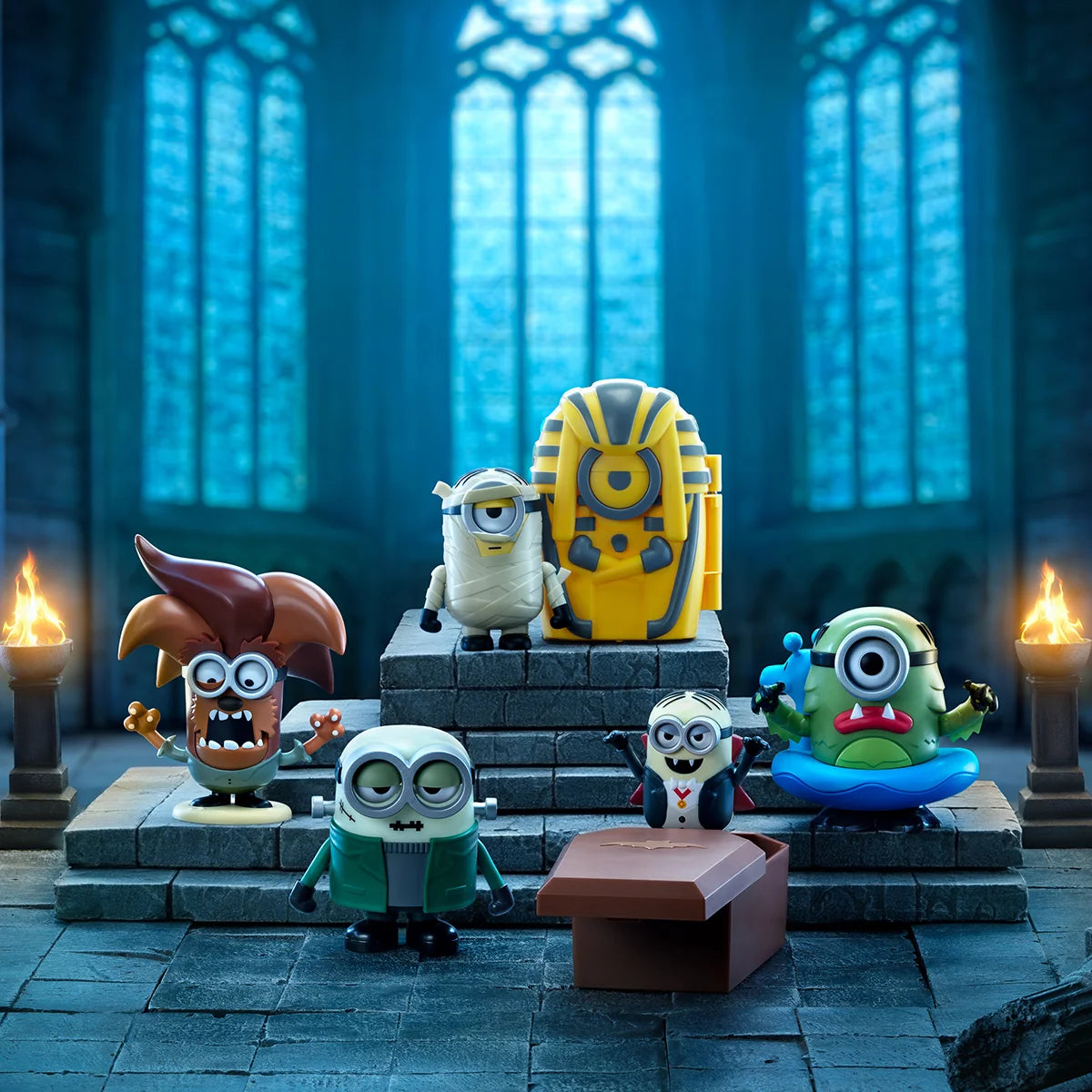 All six Minion Monsters figures gathered on stone steps in a torch-lit gothic hall, blind box