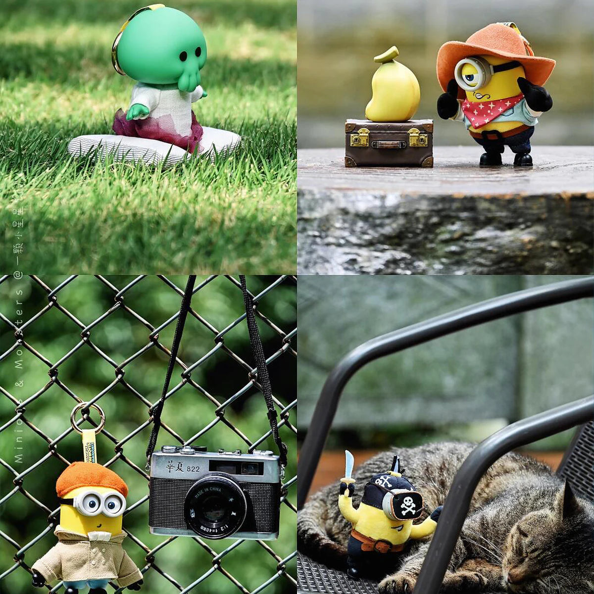 Four-panel outdoor collage of Goomi and the three Minion plush keychains