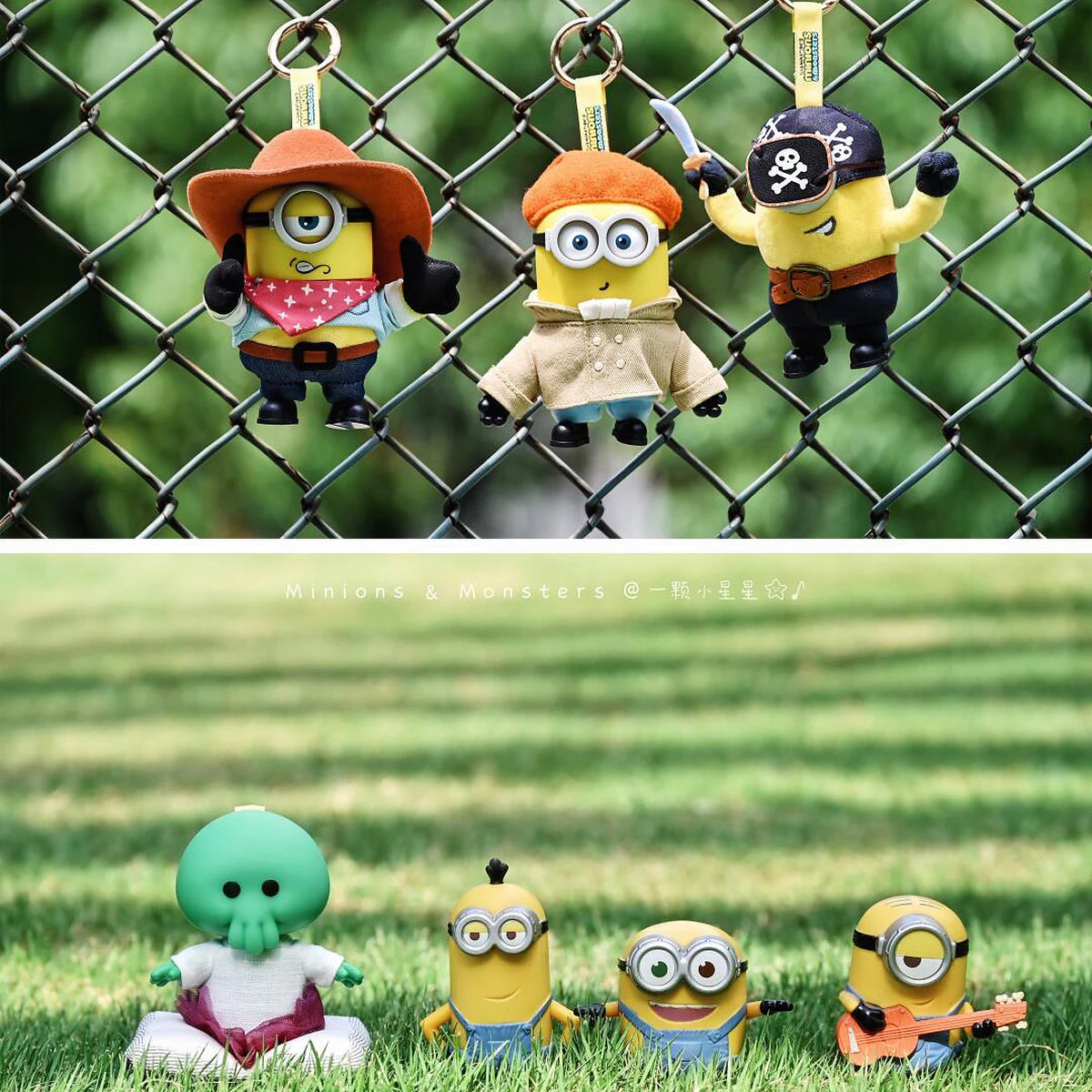 Minions & Monsters outdoor collage with hanging plush keychains and figures resting on grass