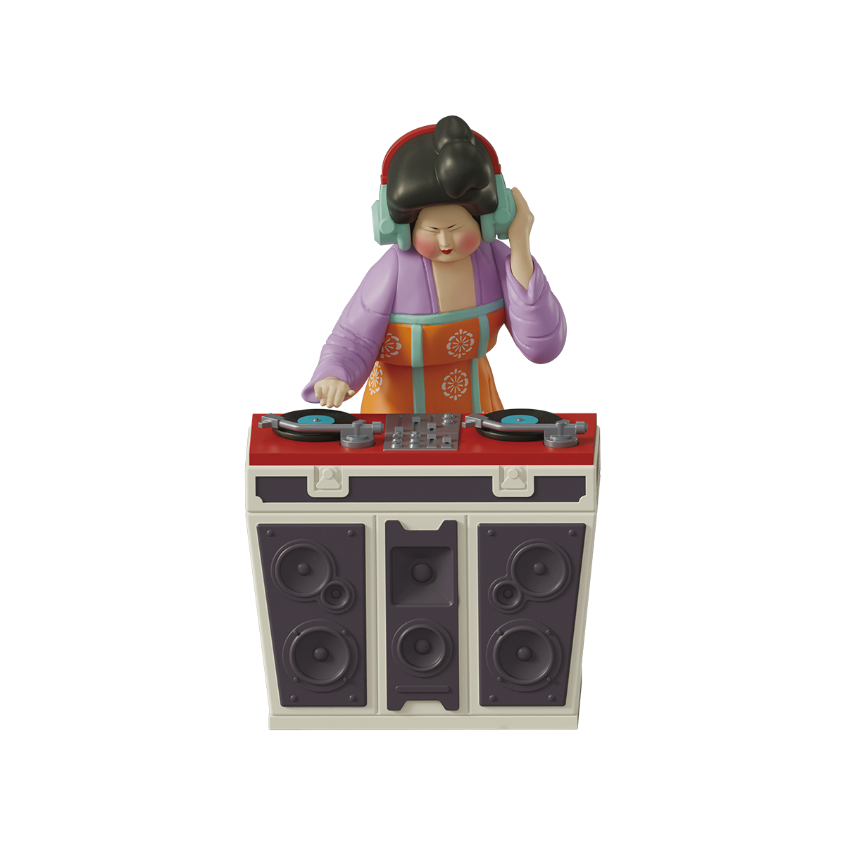 Soundwave Vibes Tang court lady DJ in headphones at a turntable rig, secret Modern Ancients Party Queen