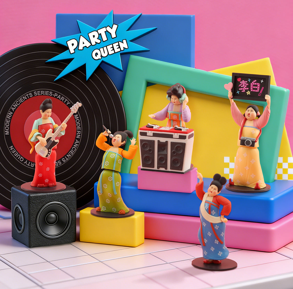 Five Tang court lady rock-band figures around a Party Queen display, Modern Ancients series