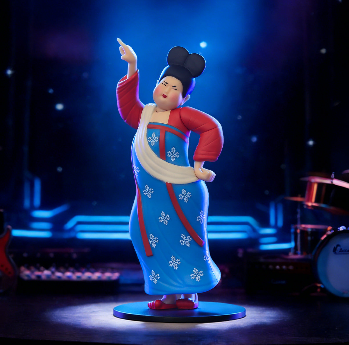 Neon Groove Dance Tang court lady in blue snowflake dress dancing on a lit stage, Modern Ancients Party Queen