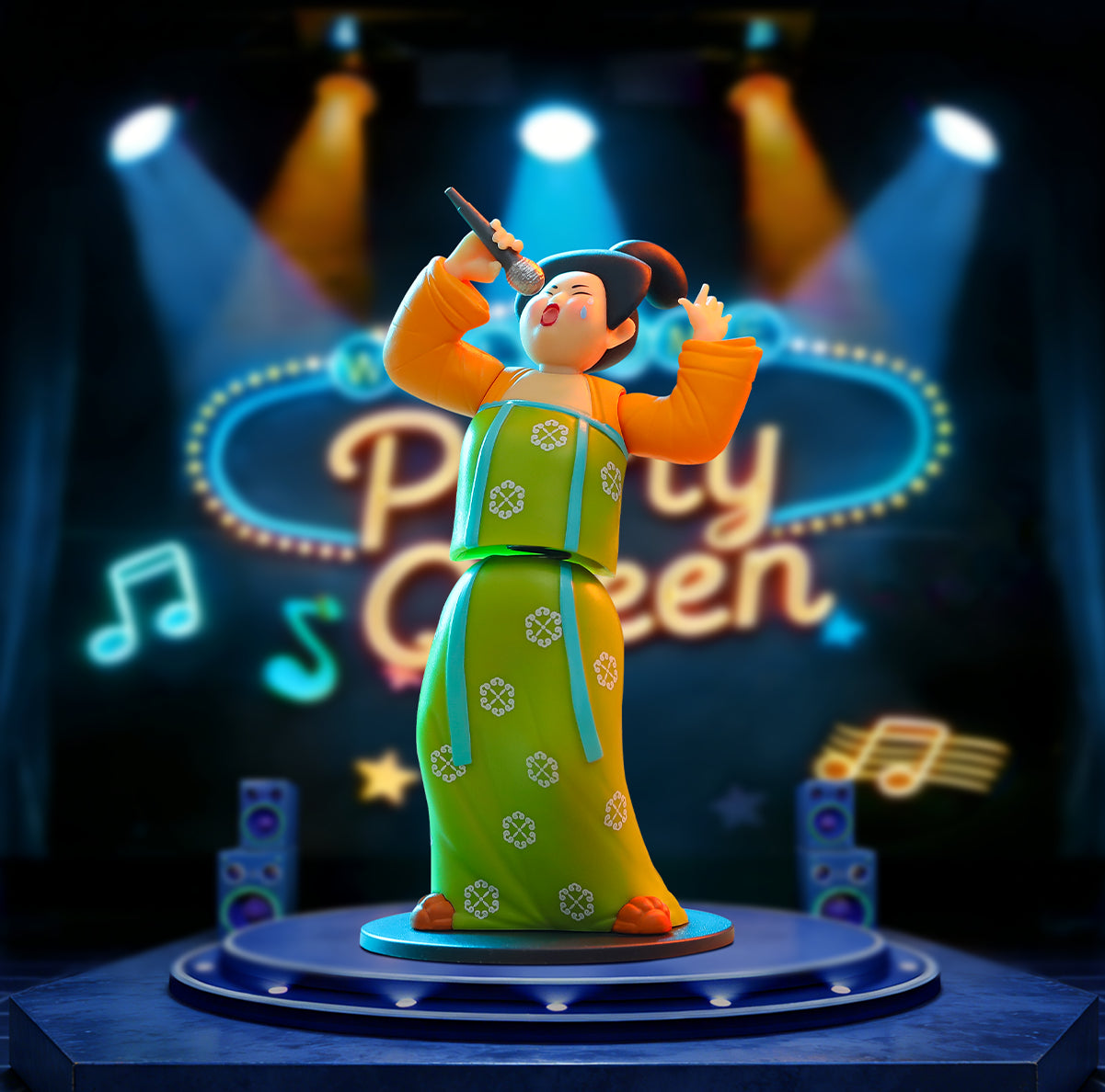 Passionate Serenade Tang court lady in green and orange singing into a mic, Modern Ancients Party Queen