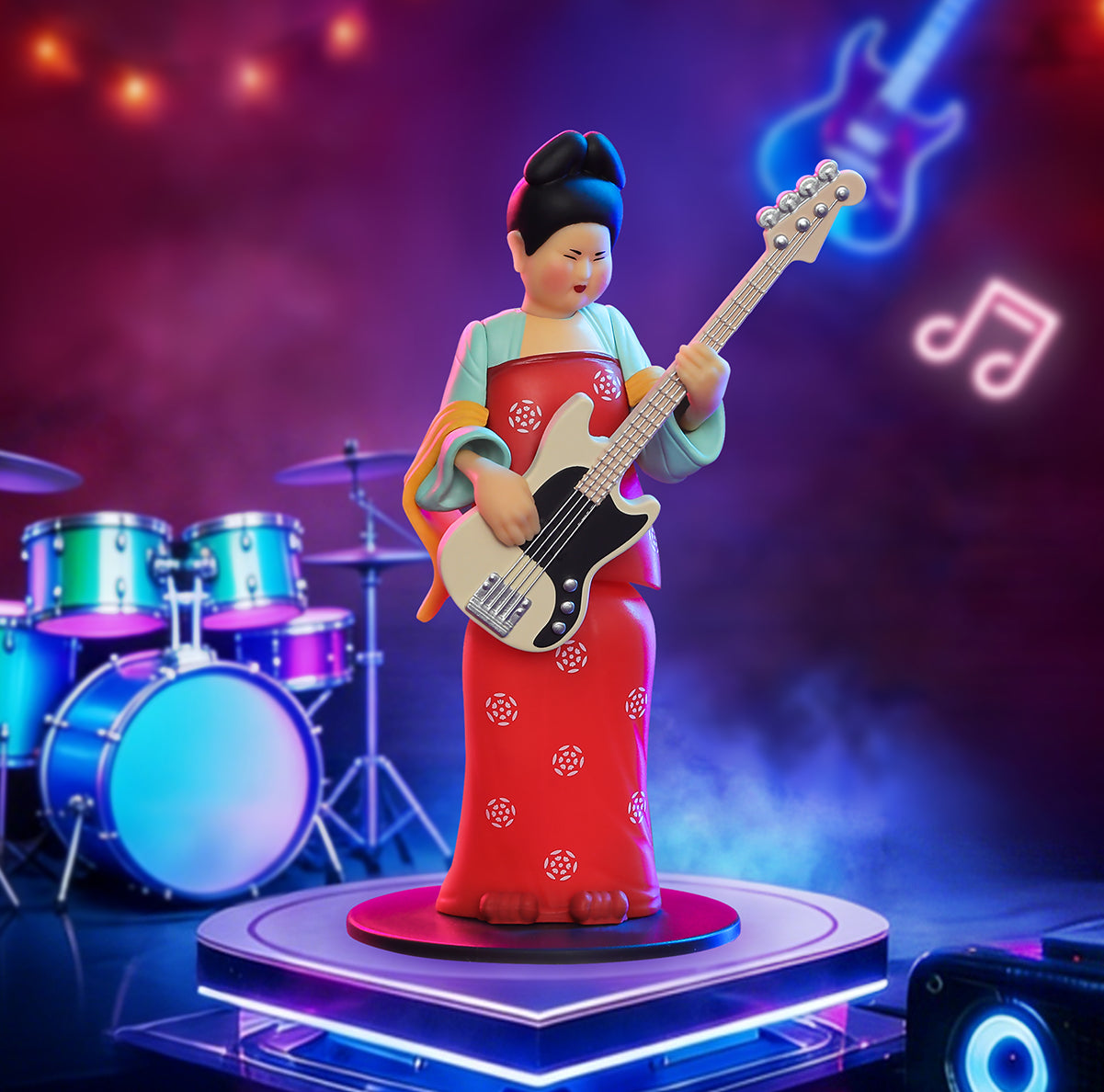 Phoenix Bass Jam Tang court lady in red dress playing a white electric bass, Modern Ancients Party Queen