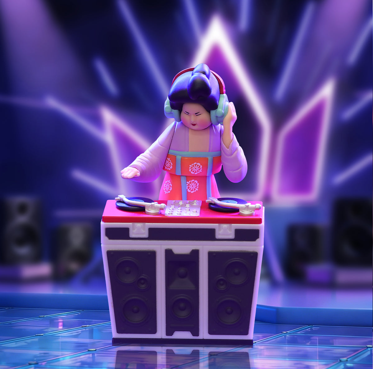 Soundwave Vibes Tang court lady DJ in purple jacket and headphones, secret Modern Ancients Party Queen