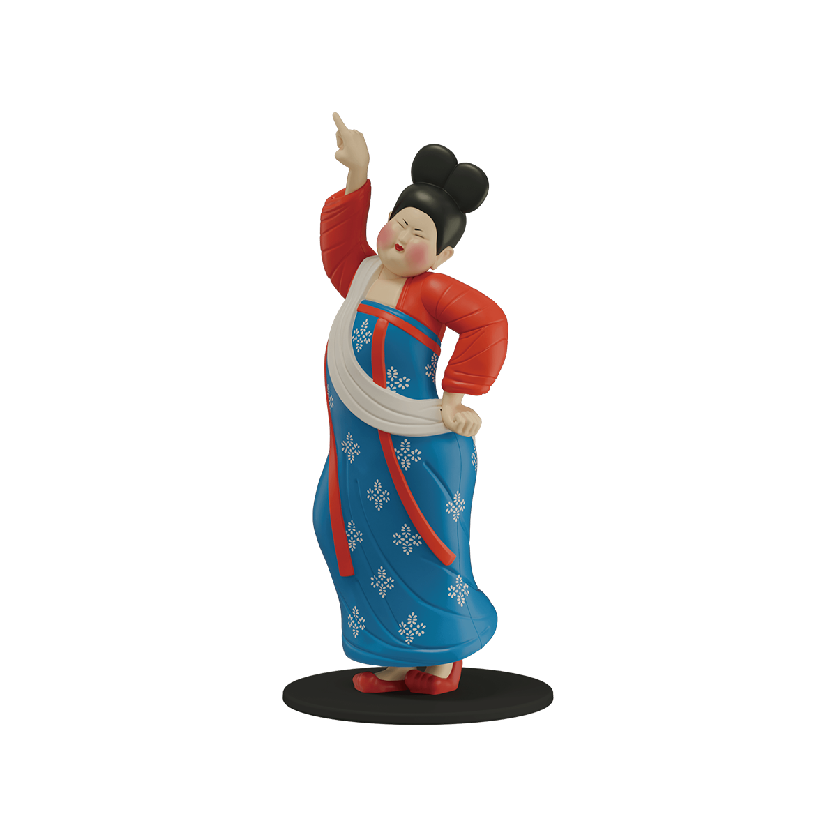 Neon Groove Dance Tang court lady in blue snowflake dress and red top mid-dance, Modern Ancients Party Queen
