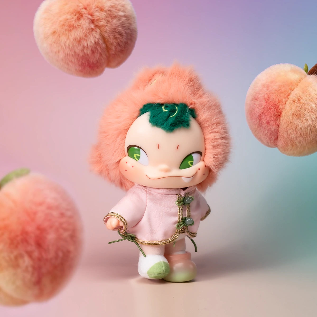 NINNIC Fairy Peach plush figure among floating peaches in pink Tang-style robe and peach wig