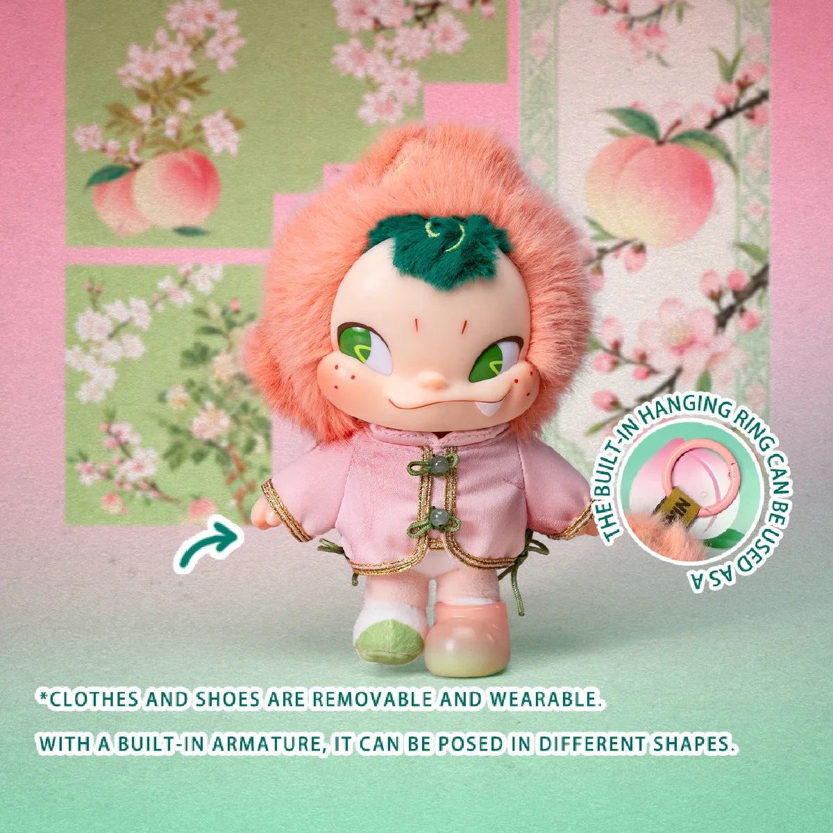 NINNIC Fairy Peach plush figure feature guide showing removable clothes, shoes, hanging ring, and poseable body