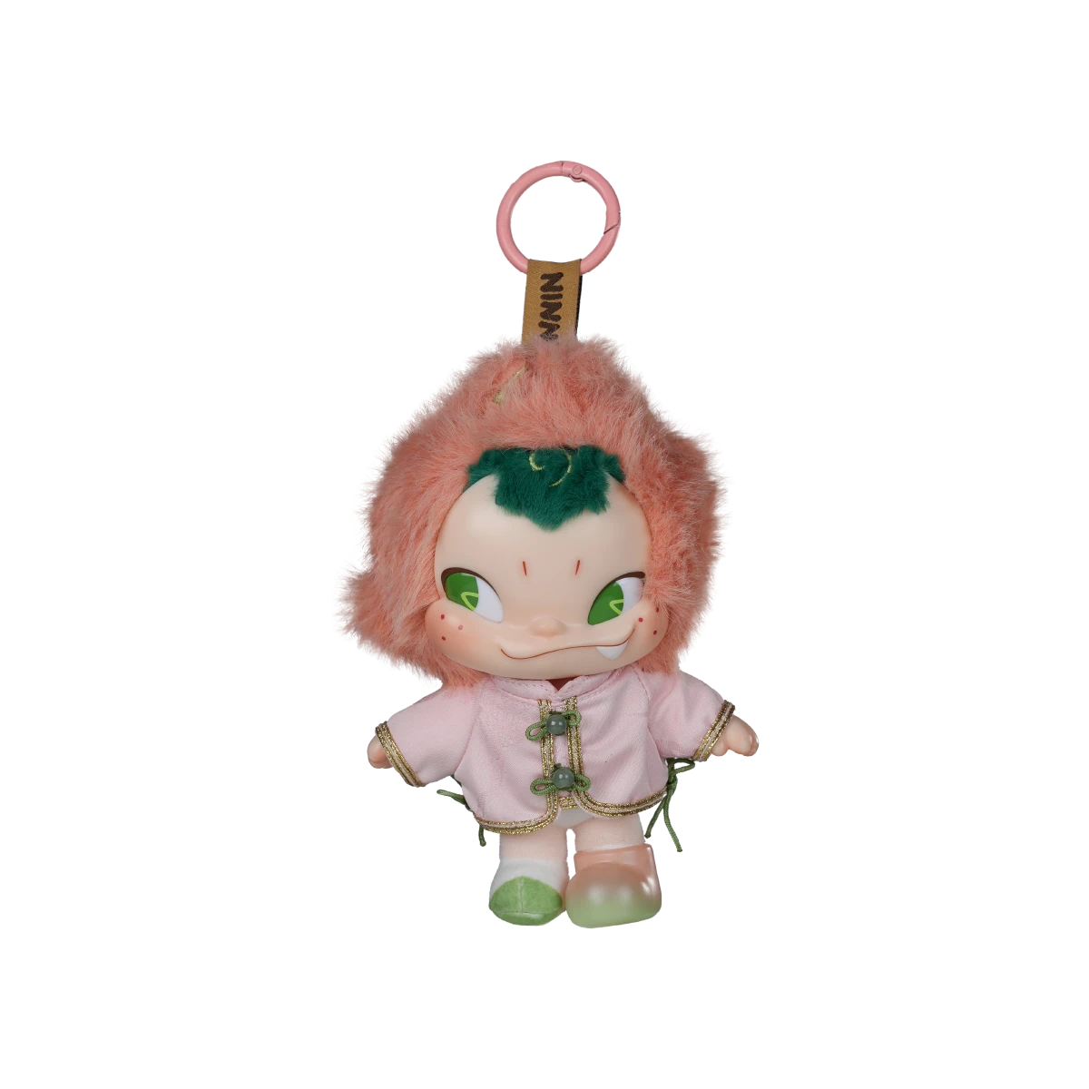NINNIC Fairy Peach plush figure with fuzzy peach-coral wig and pink Tang-style robe, peach-fairy series by 52TOYS