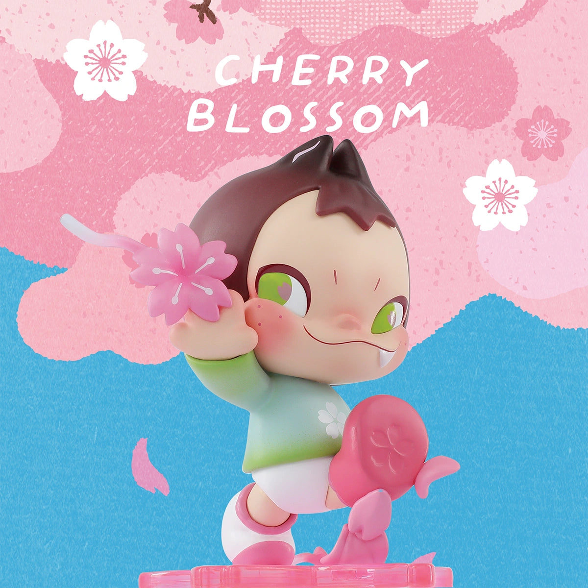 NINNIC sprite raising a pink sakura flower against a Cherry Blossom backdrop figure