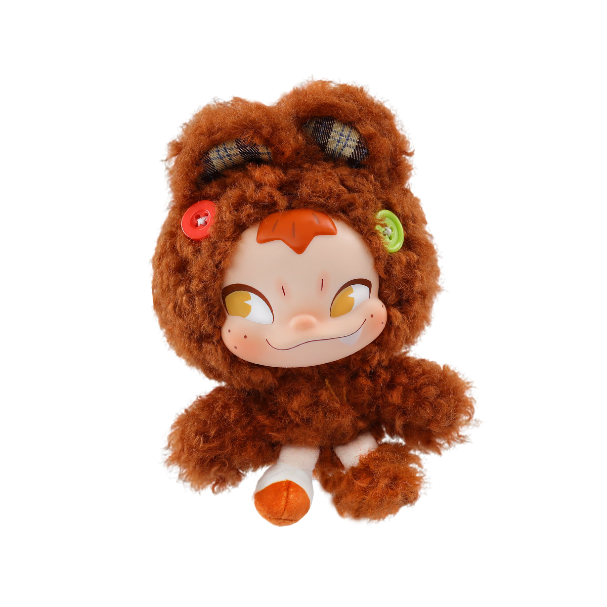 NINNIC sprite in fuzzy leopard-spotted hood with pink ears, NINNIC Different Us Series plush keychain