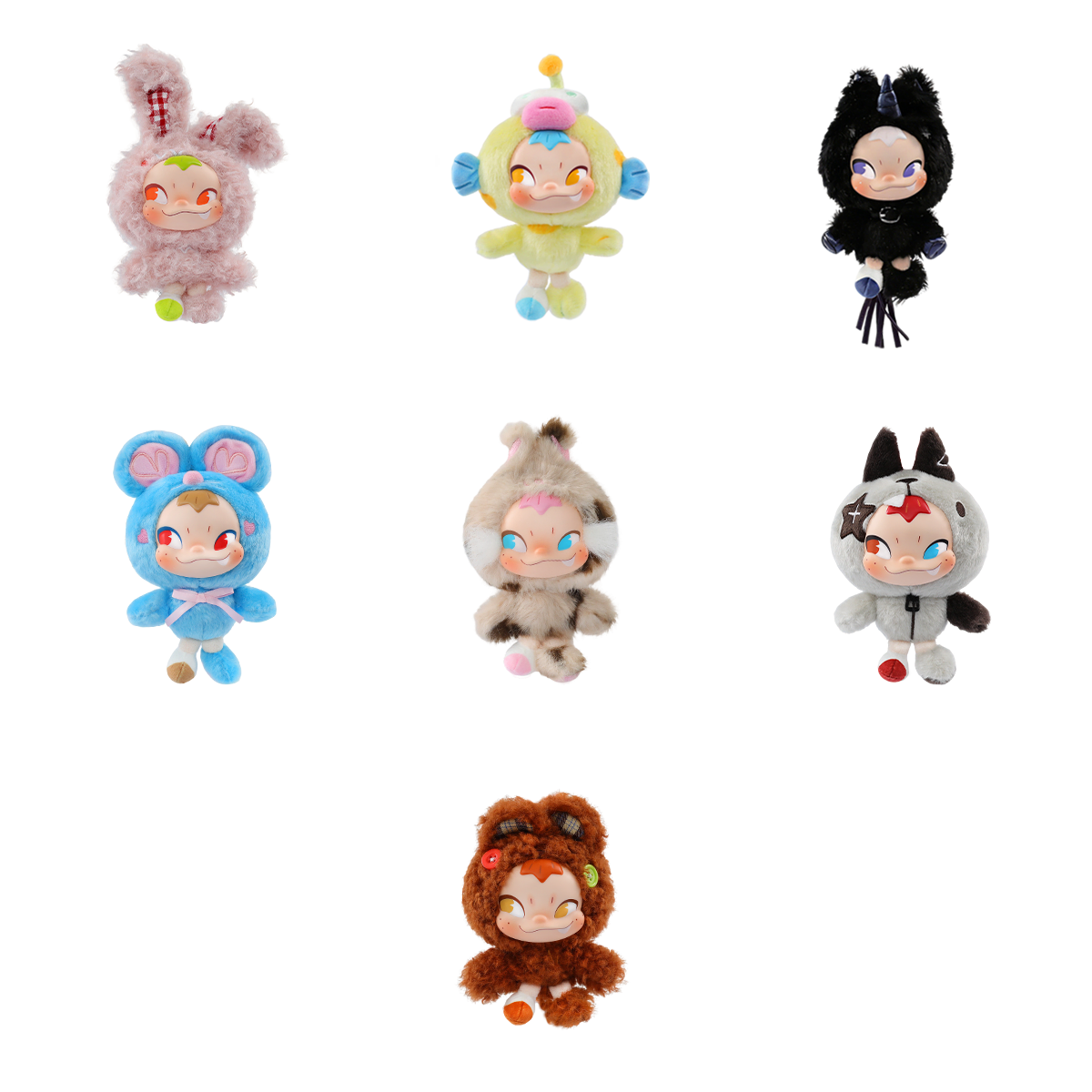 Full set of seven animal-costume NINNIC plush keychains, Different Us series