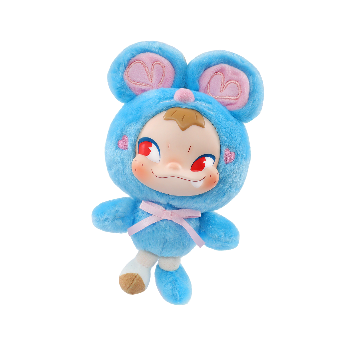 NINNIC Different Us plush keychain in a bright blue mouse costume with pink ears and ribbon