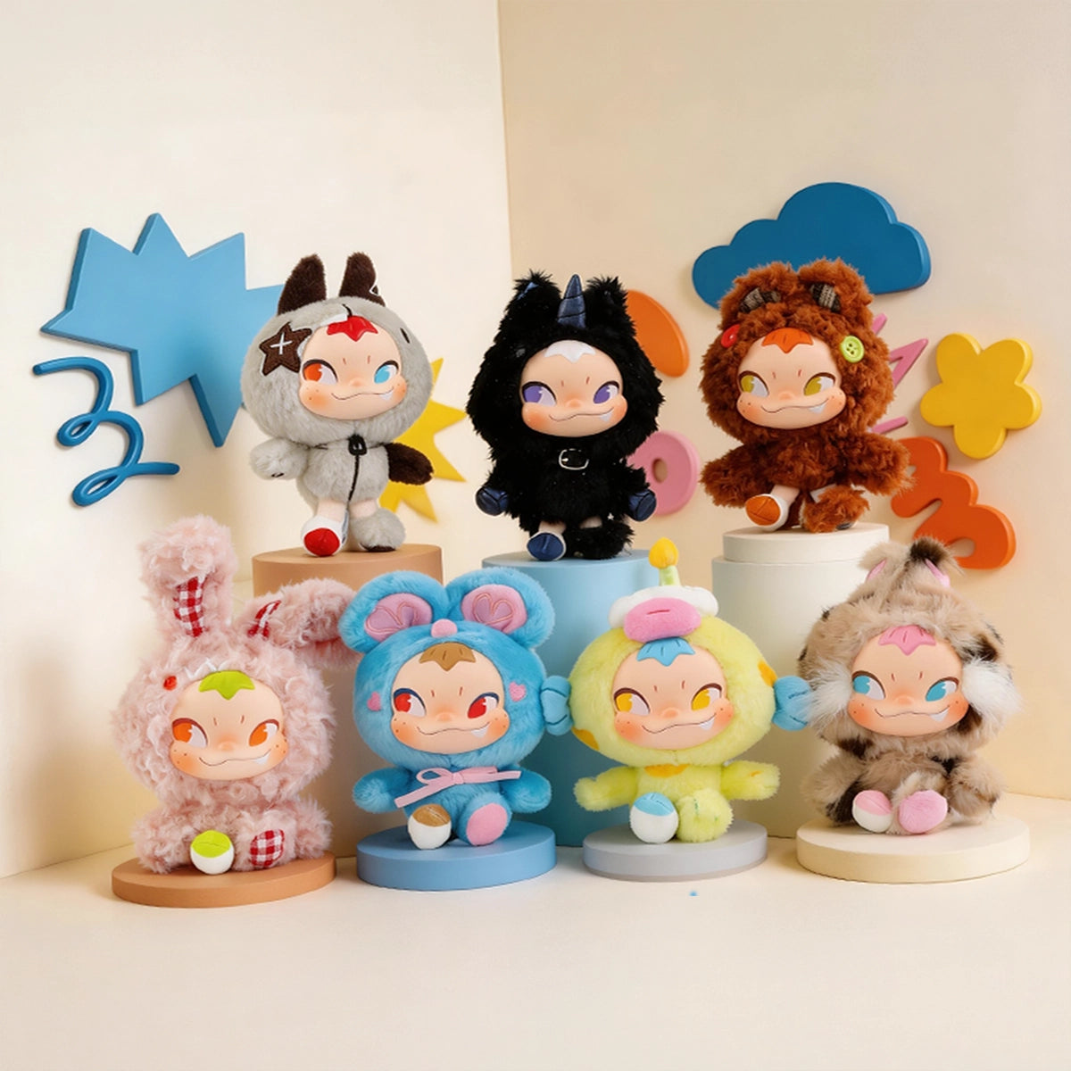 All seven NINNIC plush keychains in animal costumes displayed on stands, Different Us series