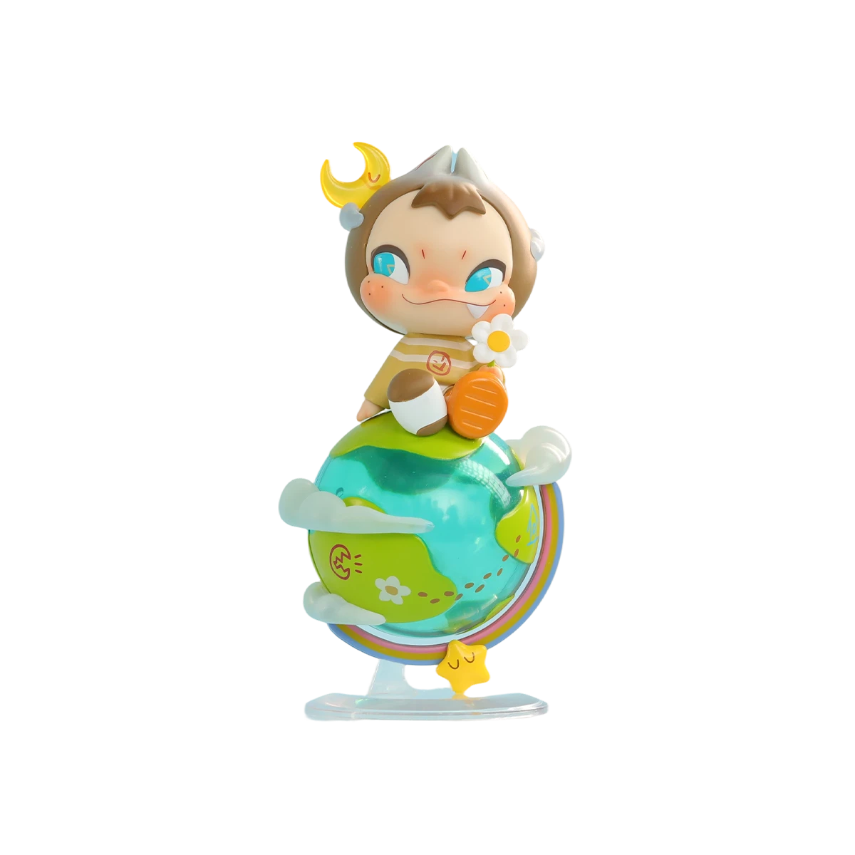 Little World NINNIC in dino hood with moon charm, holding a daisy atop a green globe on a rainbow stand