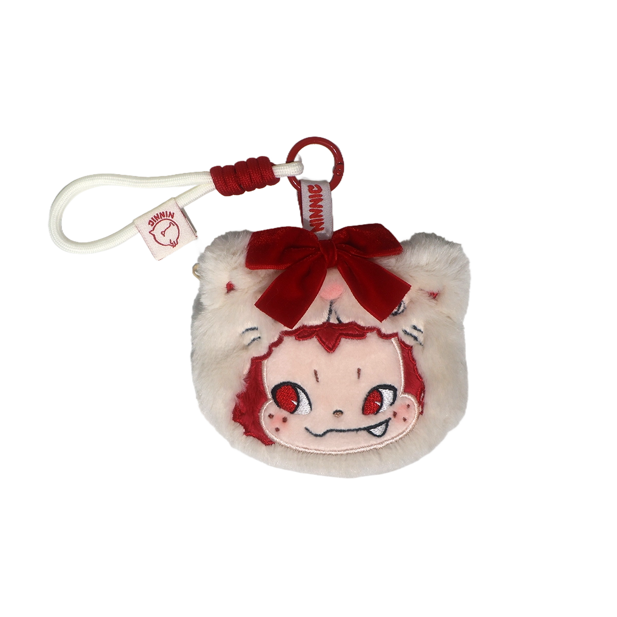 NINNIC Party Kitty plush charm with white cat hood, red bow and braided strap, Wild & Free scented charm by 52TOYS