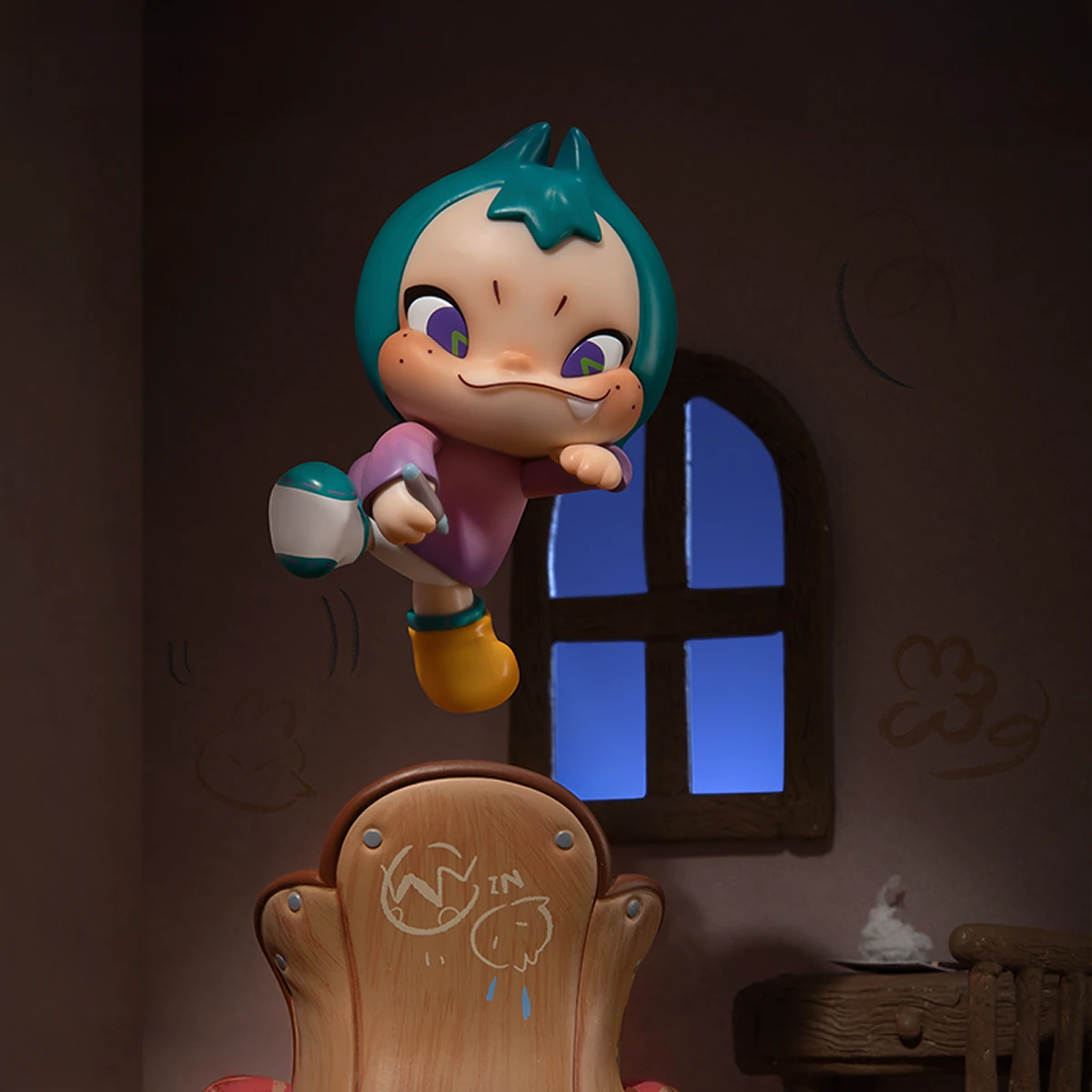 NINNIC the teal-haired imp clutching a cup beside a window above his Sofa Diary armchair