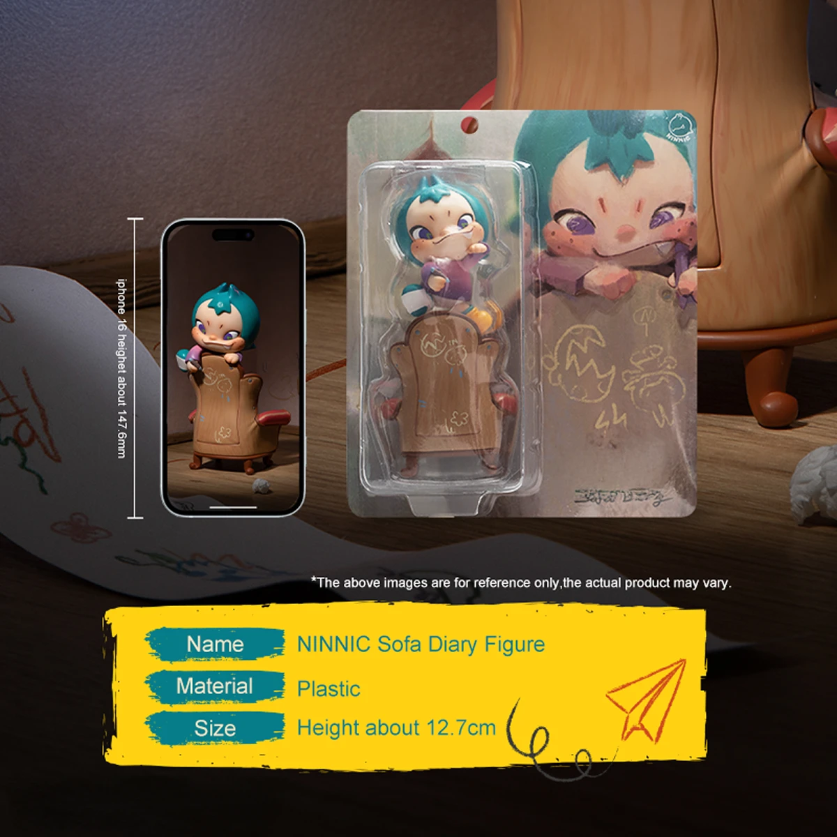 NINNIC Sofa Diary figure in blister packaging with name, material and 12.7cm size details
