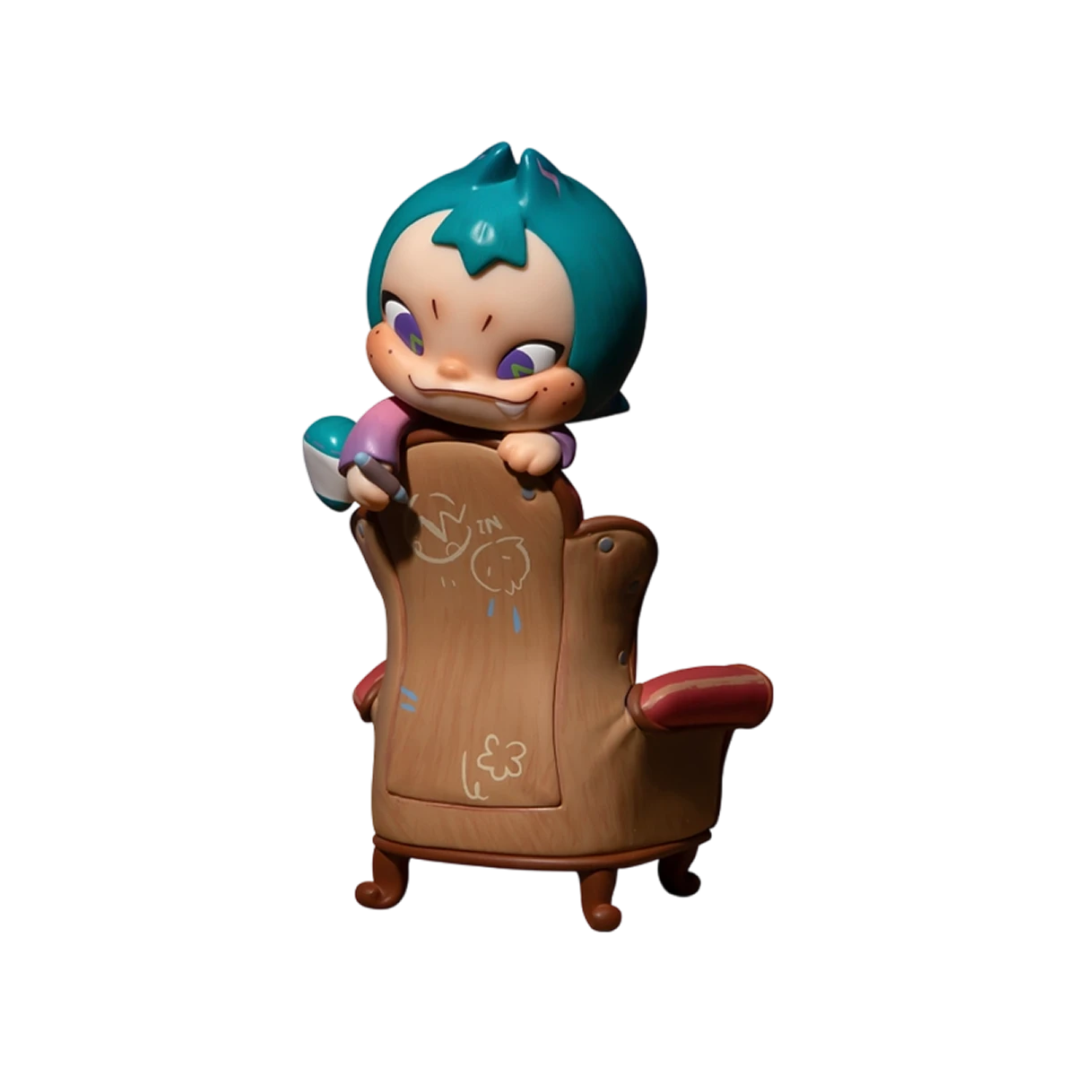 NINNIC Sofa Diary figure, teal-haired imp holding a crayon and leaning over a vintage striped armchair