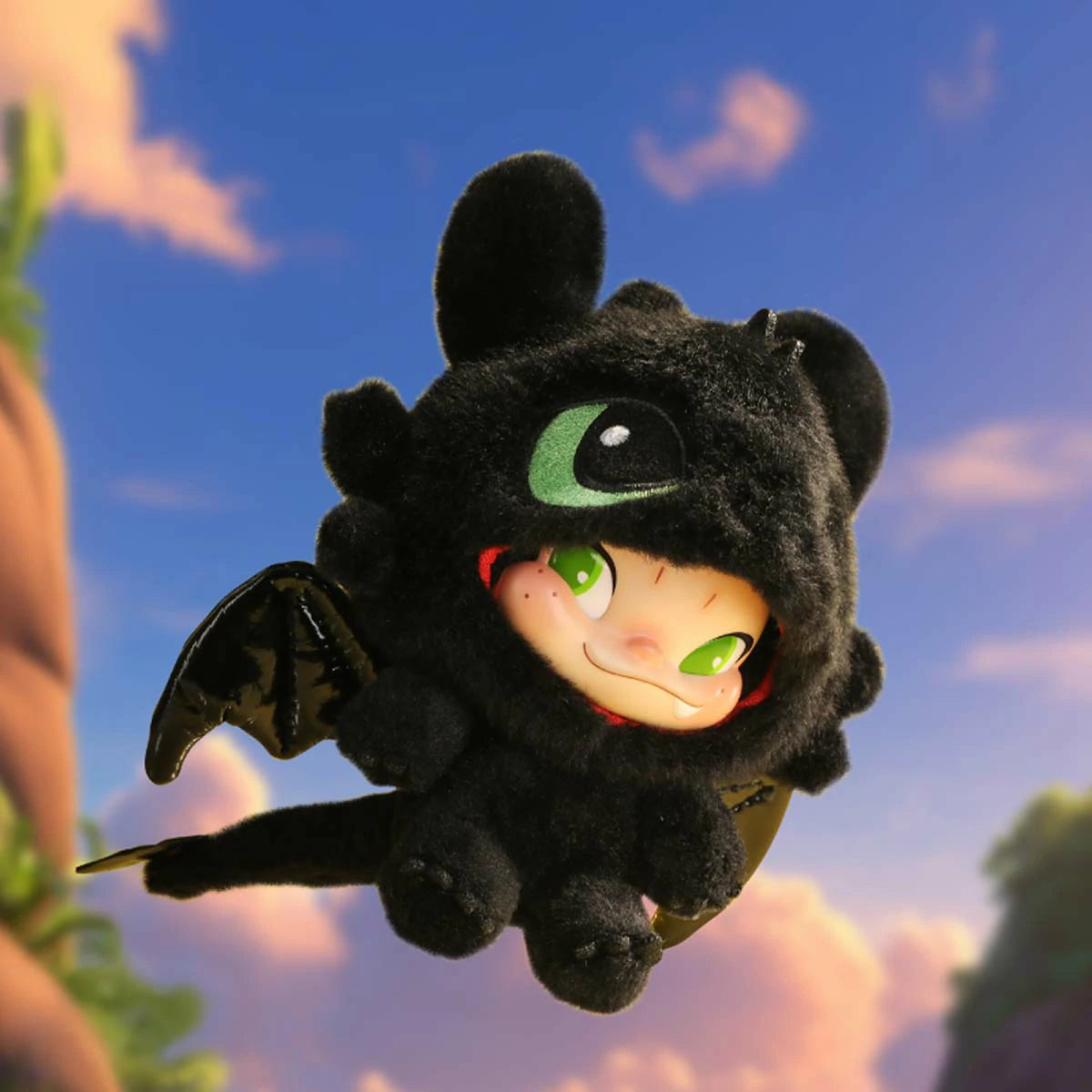 NINNIC as Toothless soaring through a sunset sky in black dragon costume, limited edition plush