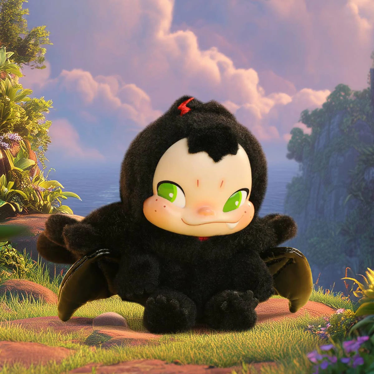 NINNIC as Toothless sitting on a cliff with red hair tuft and green eyes, limited edition plush